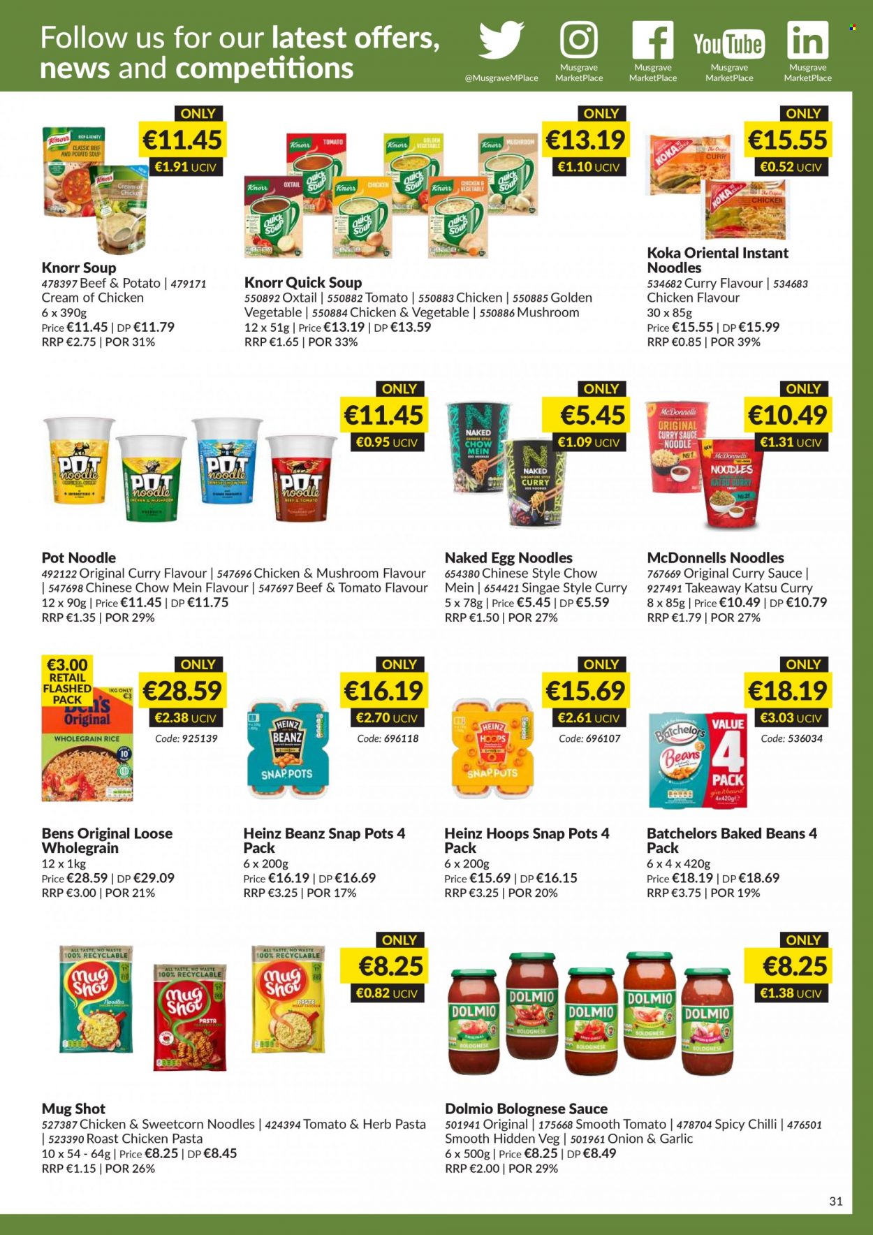thumbnail - MUSGRAVE Market Place offer  - 31.07.2022 - 27.08.2022 - Sales products - beans, chicken roast, soup, pasta, instant noodles, Knorr, sauce, bolognese sauce, noodles, Heinz, baked beans, egg noodles, curry sauce, beef meat, oxtail, mug. Page 31.