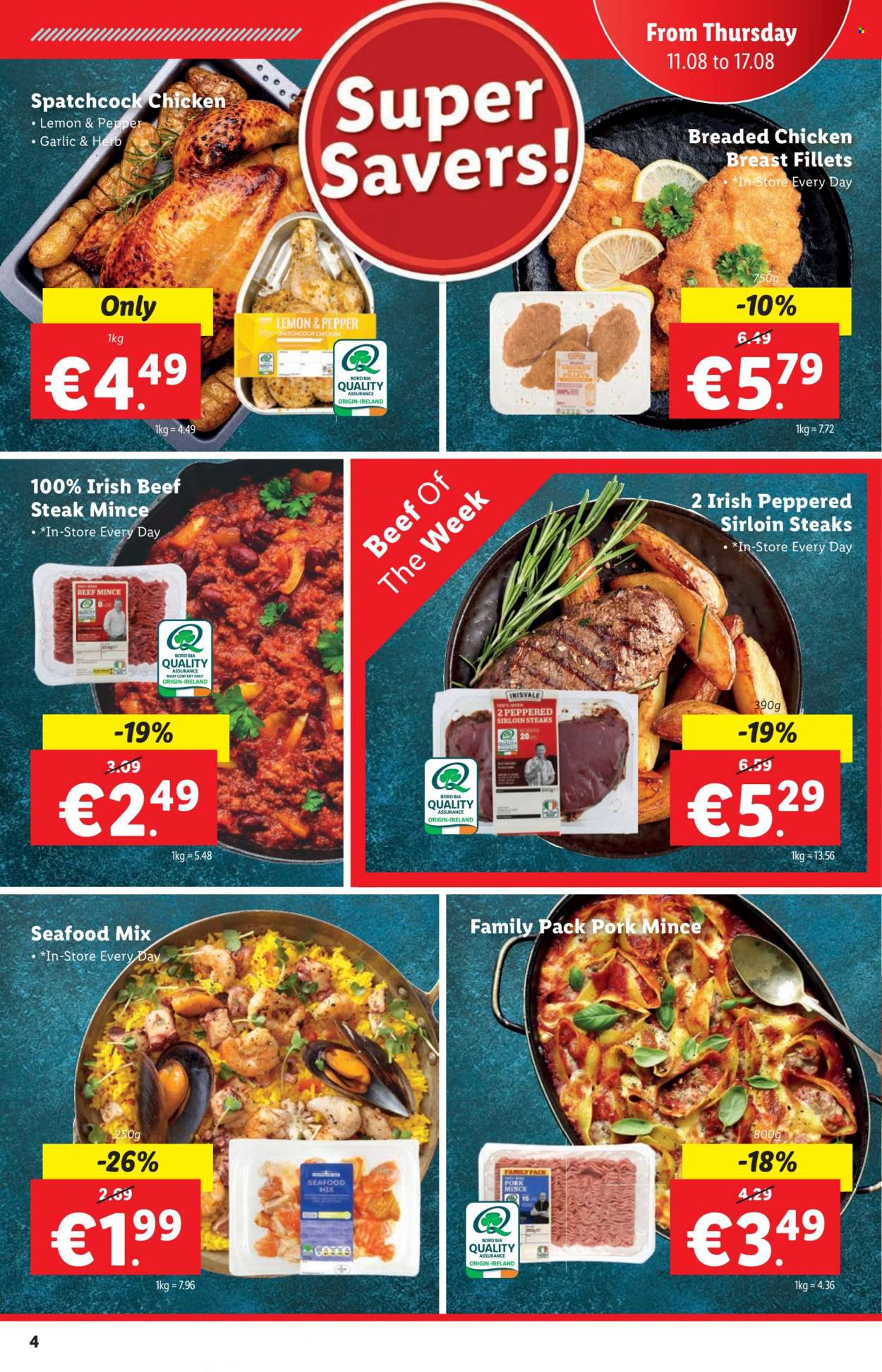 Lidl offer  - 11.08.2022 - 17.08.2022 - Sales products - seafood, fried chicken, chicken meat, spatchcock chicken, beef meat, beef steak, ground beef, steak, sirloin steak, ground pork, pork meat. Page 4.