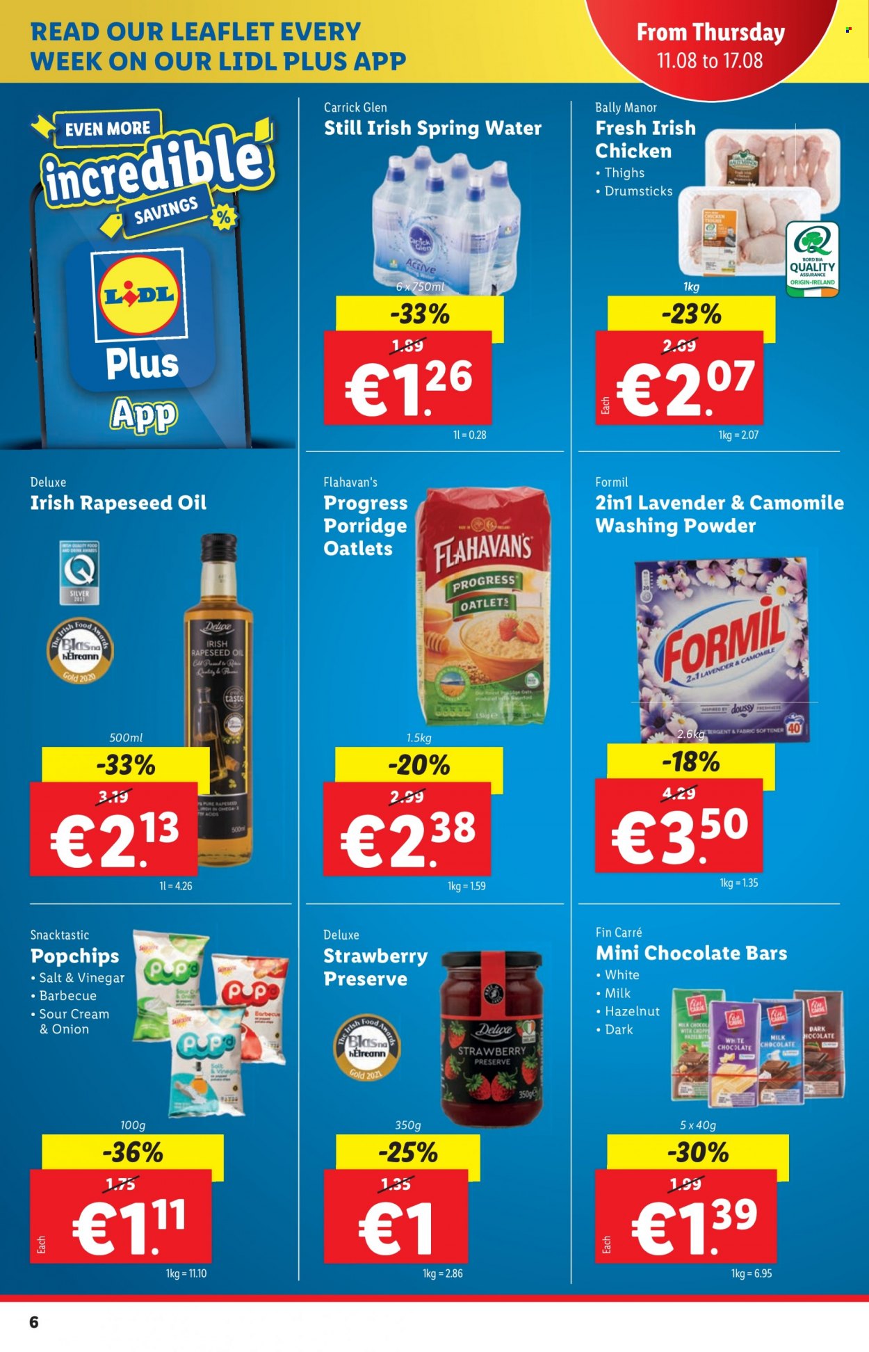 thumbnail - Lidl offer  - 11.08.2022 - 17.08.2022 - Sales products - milk chocolate, white chocolate, chocolate bar, oats, porridge, vinegar, oil, spring water, chicken thighs, fabric softener, laundry powder, Omega-3. Page 6.