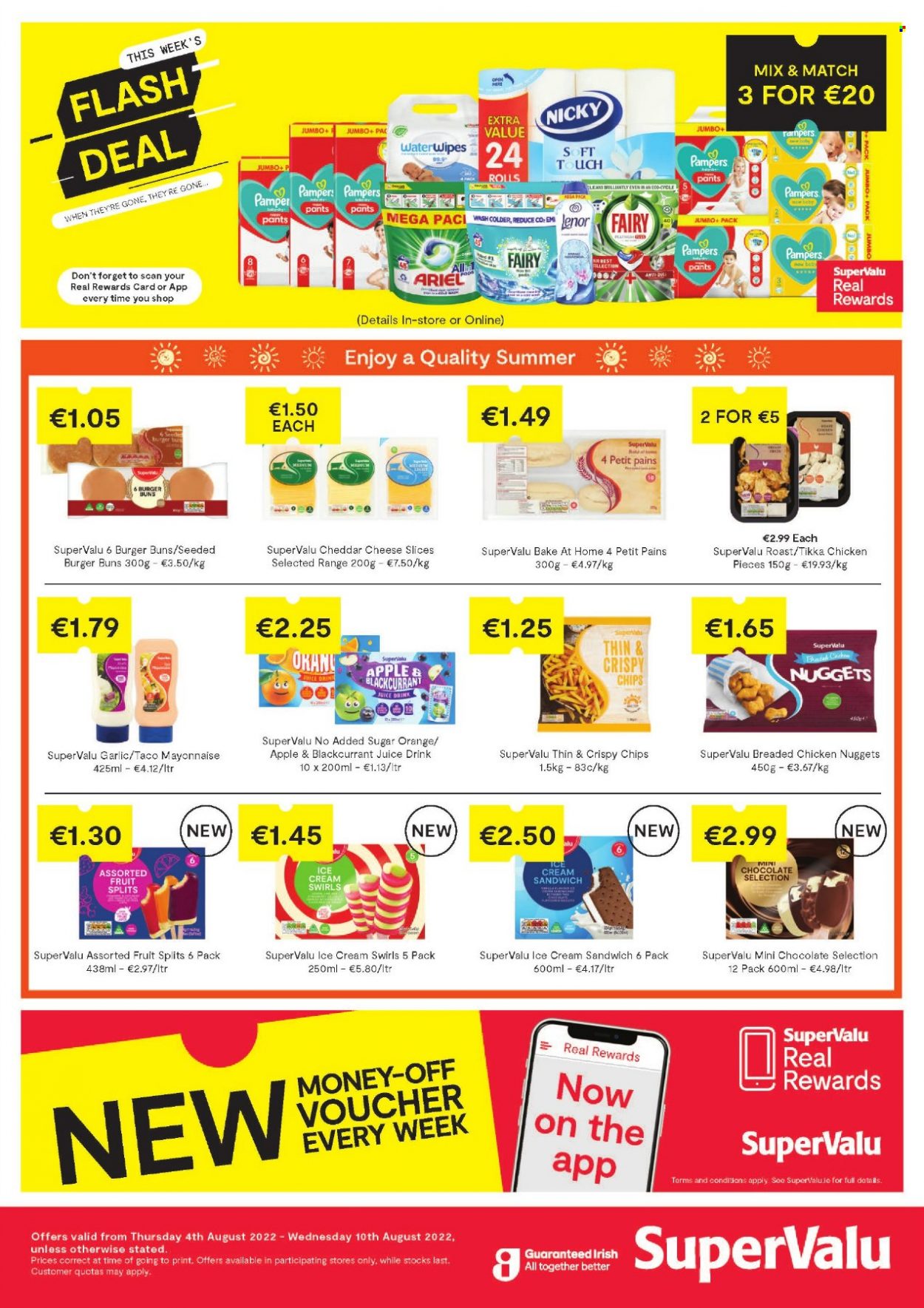 thumbnail - SuperValu offer  - 04.08.2022 - 10.08.2022 - Sales products - buns, burger buns, garlic, oranges, nuggets, fried chicken, chicken nuggets, sliced cheese, cheese, shake, mayonnaise, ice cream, ice cream sandwich, chips, juice, Pampers, pants, Fairy, Ariel, Lenor, Pamper. Page 1.