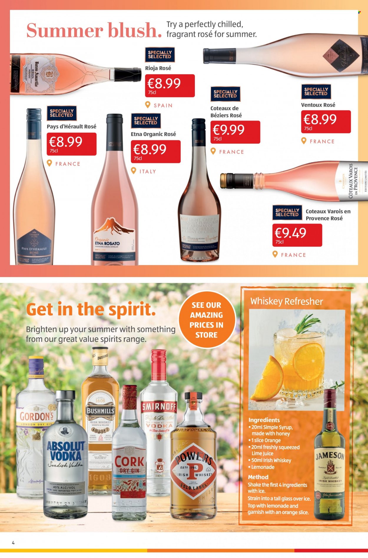 thumbnail - Aldi offer  - 11.08.2022 - 17.08.2022 - Sales products - oranges, shake, syrup, wine, rosé wine, whiskey, irish whiskey, whisky, refresher, rose. Page 4.