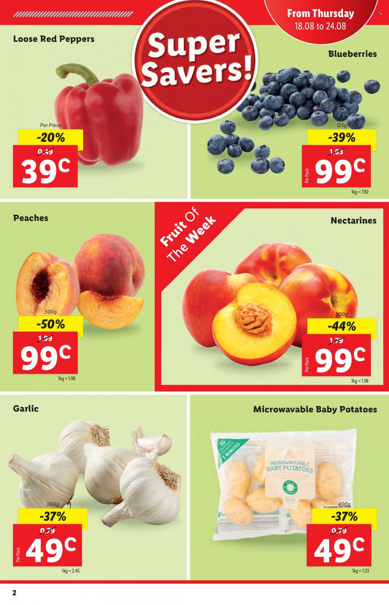 thumbnail - Lidl offer  - 18.08.2022 - 24.08.2022 - Sales products - garlic, potatoes, peppers, red peppers, blueberries, nectarines, peaches, pot, microwave. Page 2.