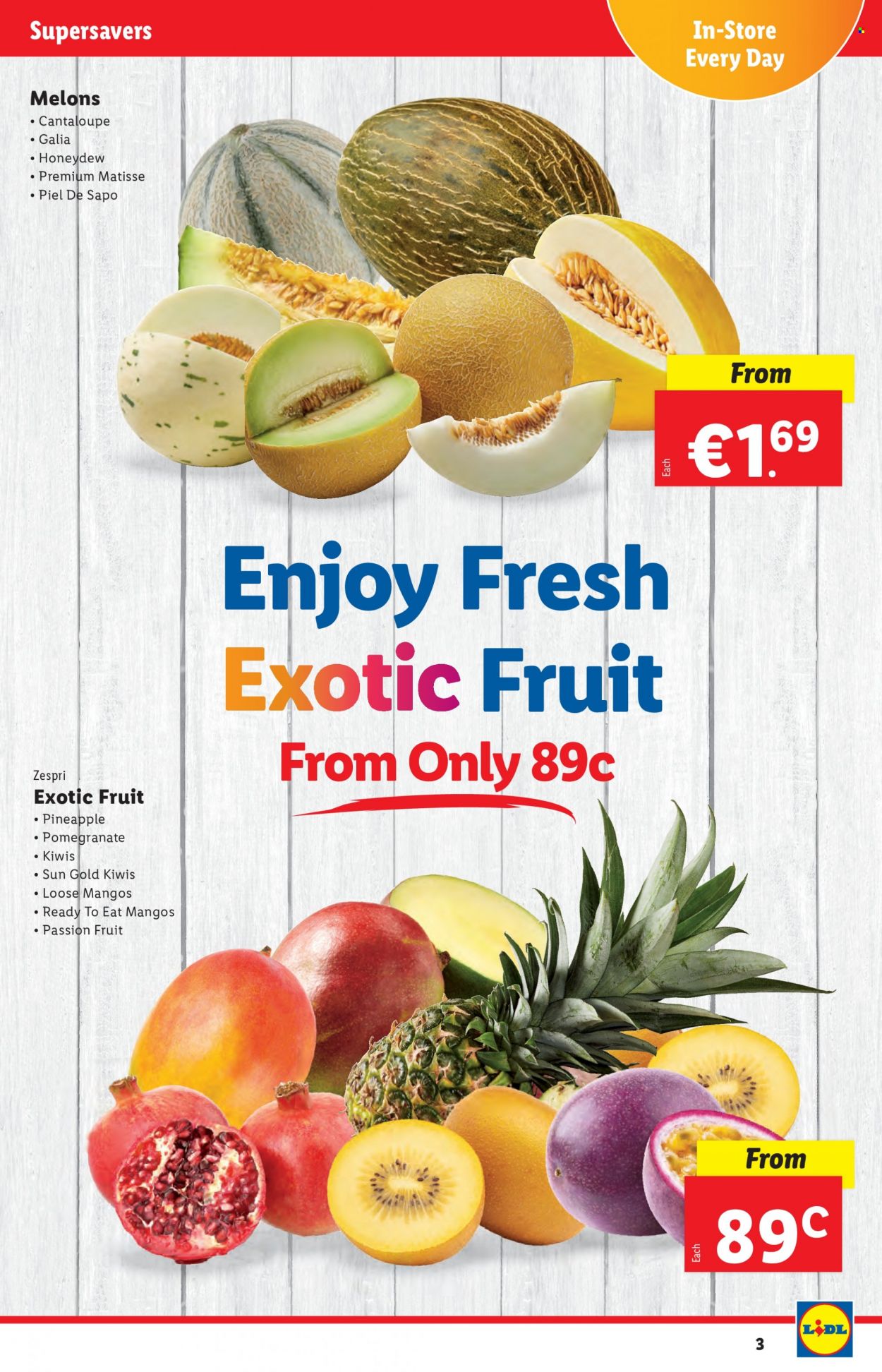 thumbnail - Lidl offer  - 18.08.2022 - 24.08.2022 - Sales products - cantaloupe, kiwi, mango, honeydew, pineapple, melons, pomegranate. Page 3.