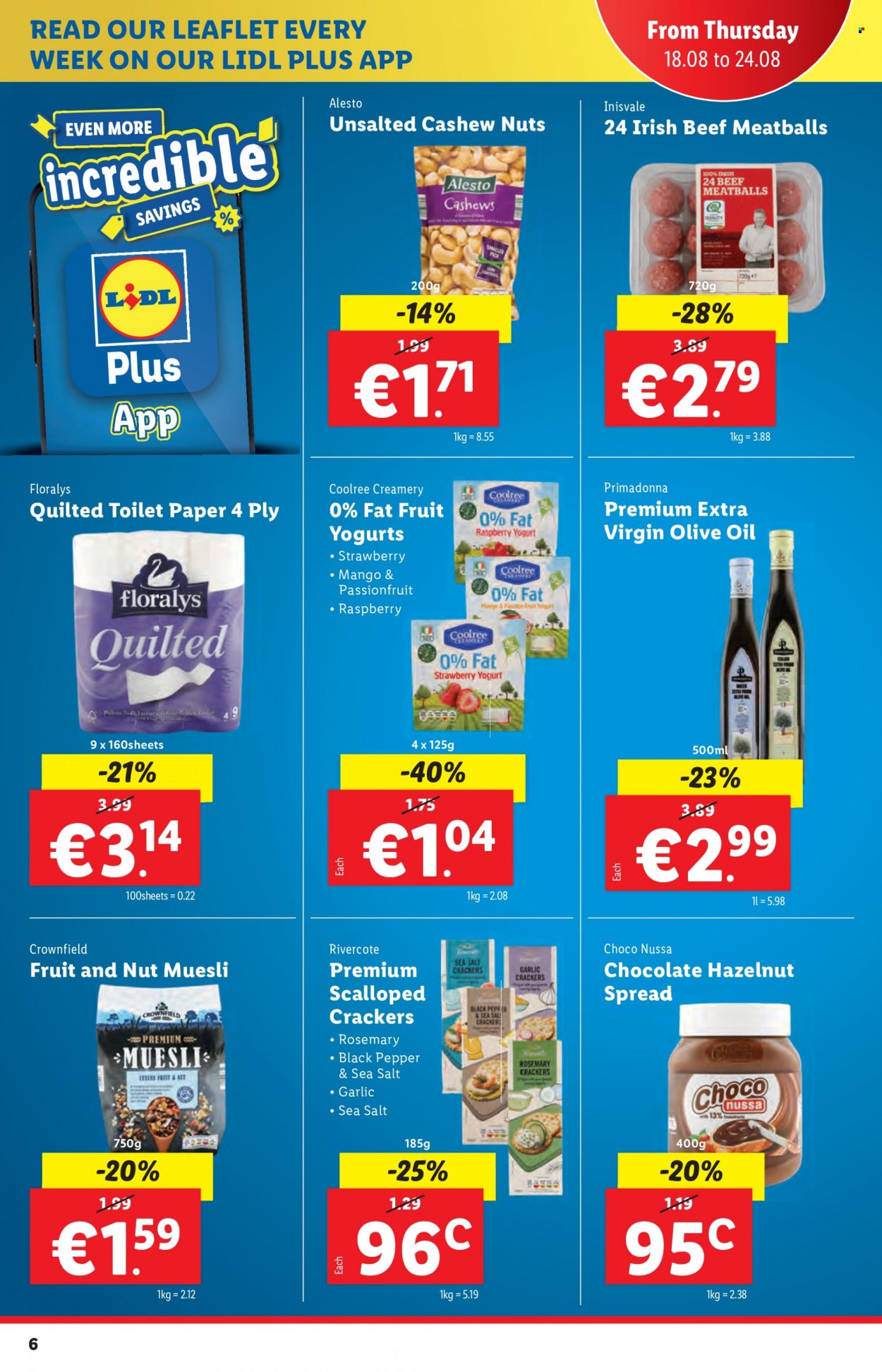 thumbnail - Lidl offer  - 18.08.2022 - 24.08.2022 - Sales products - garlic, meatballs, yoghurt, chocolate, crackers, muesli, rosemary, black pepper, extra virgin olive oil, olive oil, oil, hazelnut spread, cashews, toilet paper, pillow. Page 6.