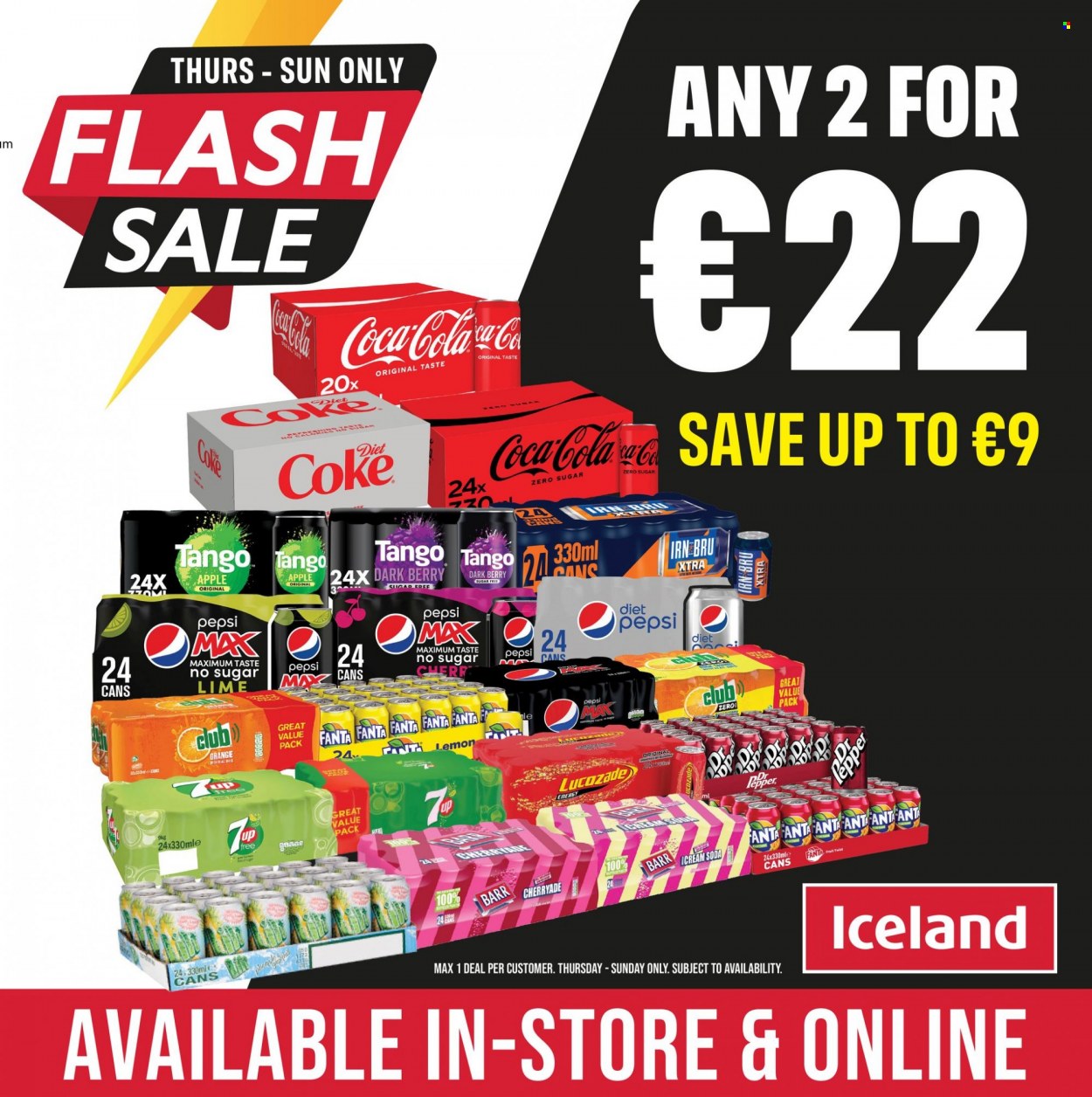 thumbnail - Iceland offer  - 11.08.2022 - 14.08.2022 - Sales products - pepper, Coca-Cola, Pepsi, Fanta, Diet Pepsi, Club Zero, Lucozade, soda. Page 1.