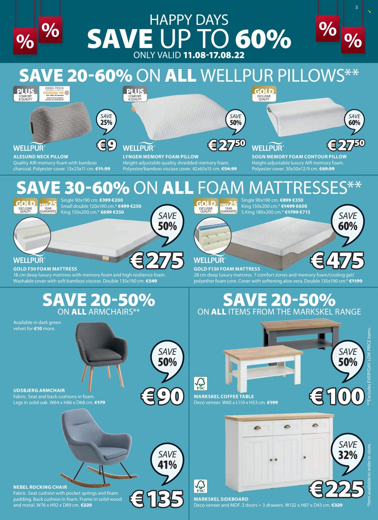 thumbnail - JYSK offer  - 11.08.2022 - 24.08.2022 - Sales products - table, chair, arm chair, rocking chair, coffee table, sideboard, mattress, foam mattress, cushion, pillow, foam pillow. Page 3.