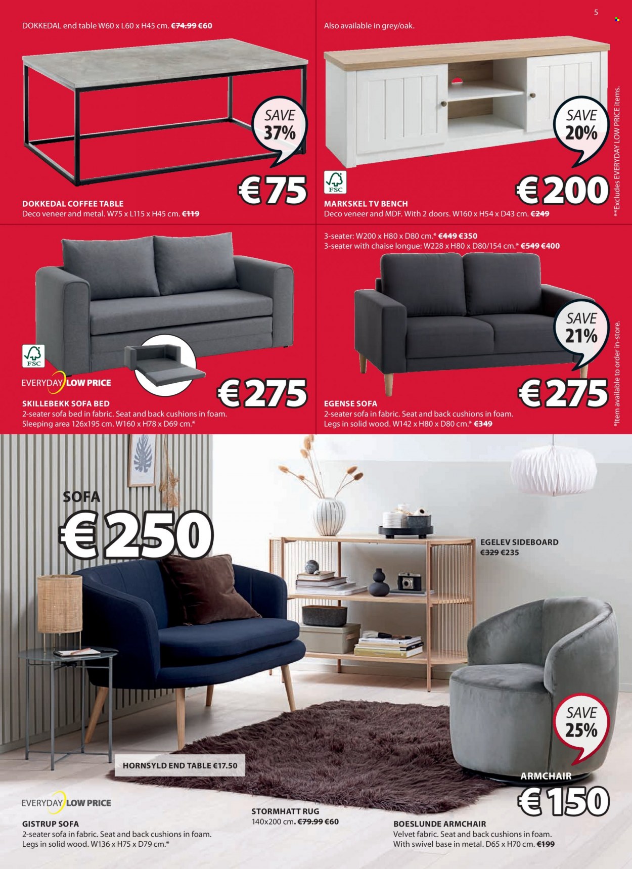 thumbnail - JYSK offer  - 11.08.2022 - 24.08.2022 - Sales products - bench, arm chair, sofa, sofa bed, chaise longue, coffee table, end table, tv bench, sideboard, bed, cushion, rug. Page 5.