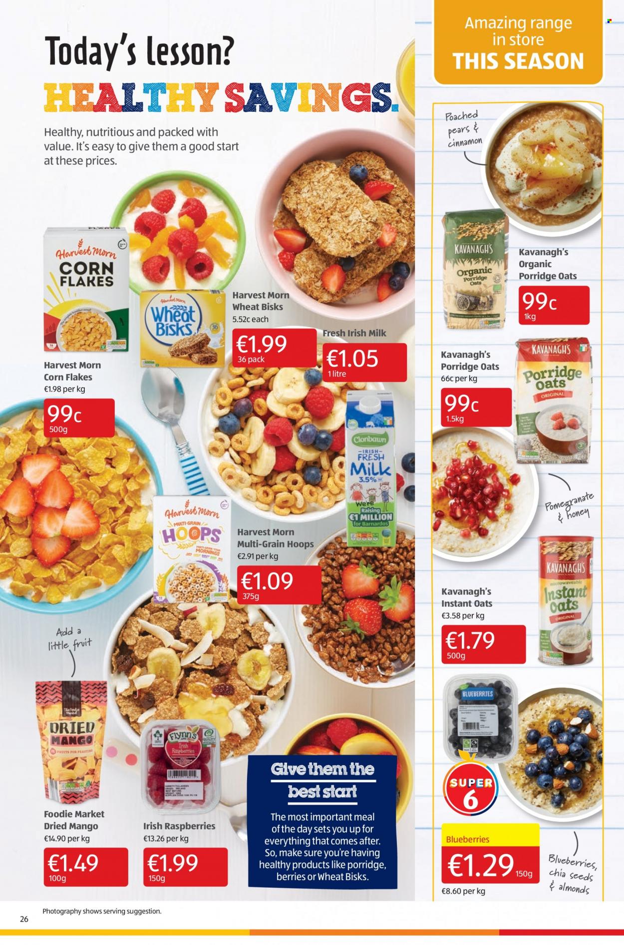 thumbnail - Aldi offer  - 18.08.2022 - 24.08.2022 - Sales products - blueberries, pears, milk, oats, corn flakes, porridge, cinnamon, dried fruit, plant seeds. Page 26.