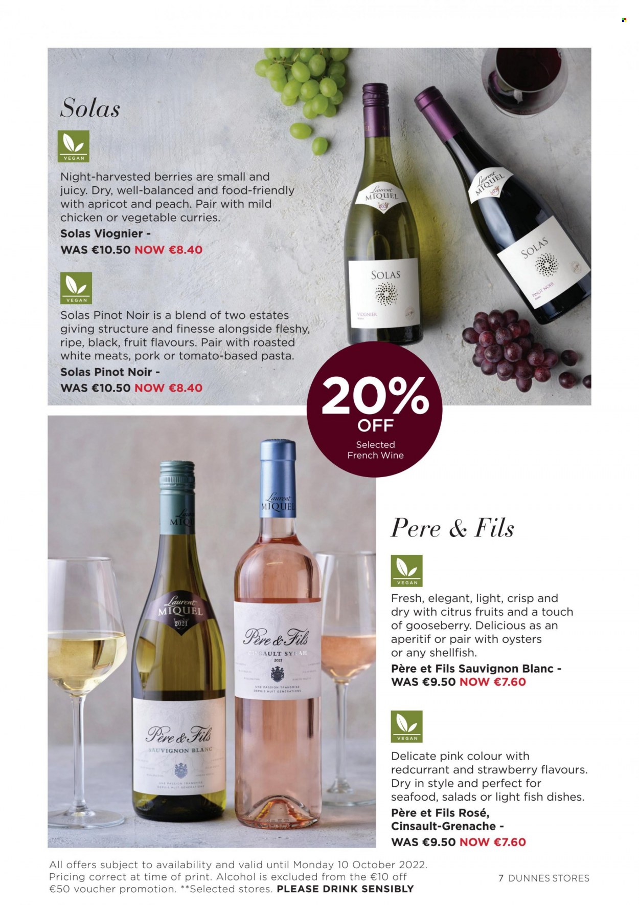 thumbnail - Dunnes Stores offer  - 01.09.2022 - 10.10.2022 - Sales products - oysters, seafood, fish, pasta, white wine, Pinot Noir, alcohol, Syrah, Grenache, Sauvignon Blanc, rosé wine, aperitif. Page 7.