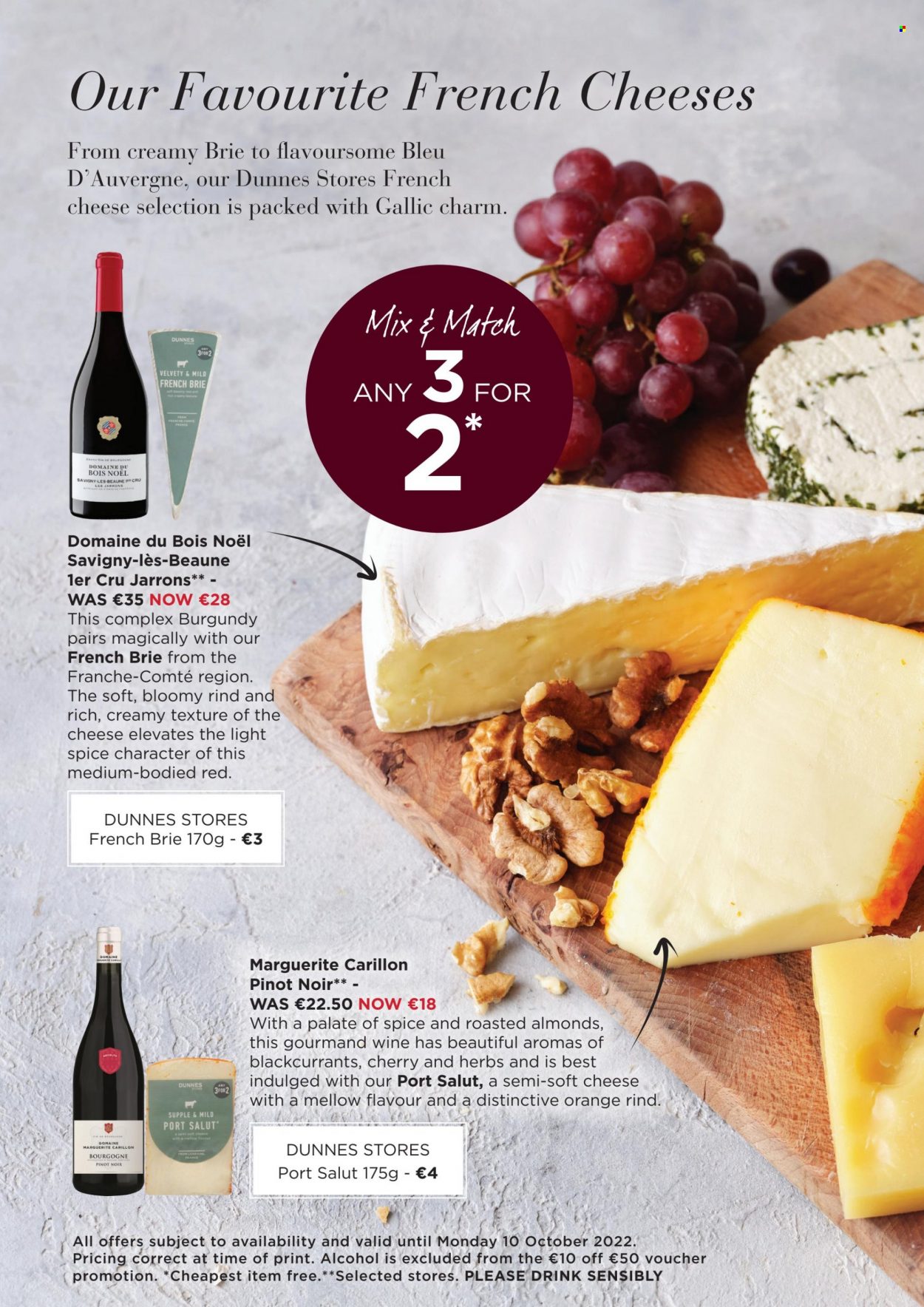thumbnail - Dunnes Stores offer  - 01.09.2022 - 10.10.2022 - Sales products - cherries, oranges, soft cheese, cheese, brie, spice, herbs, almonds, Burgundy wine, red wine, wine, Pinot Noir, alcohol. Page 10.