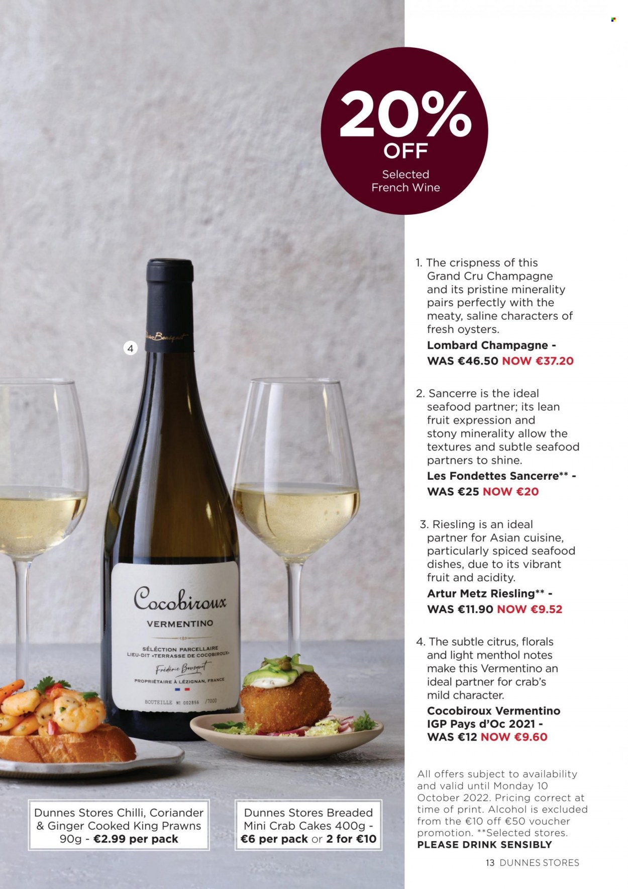 thumbnail - Dunnes Stores offer  - 01.09.2022 - 10.10.2022 - Sales products - oysters, seafood, prawns, crab cake, coriander, Riesling, white wine, champagne, wine, alcohol. Page 13.