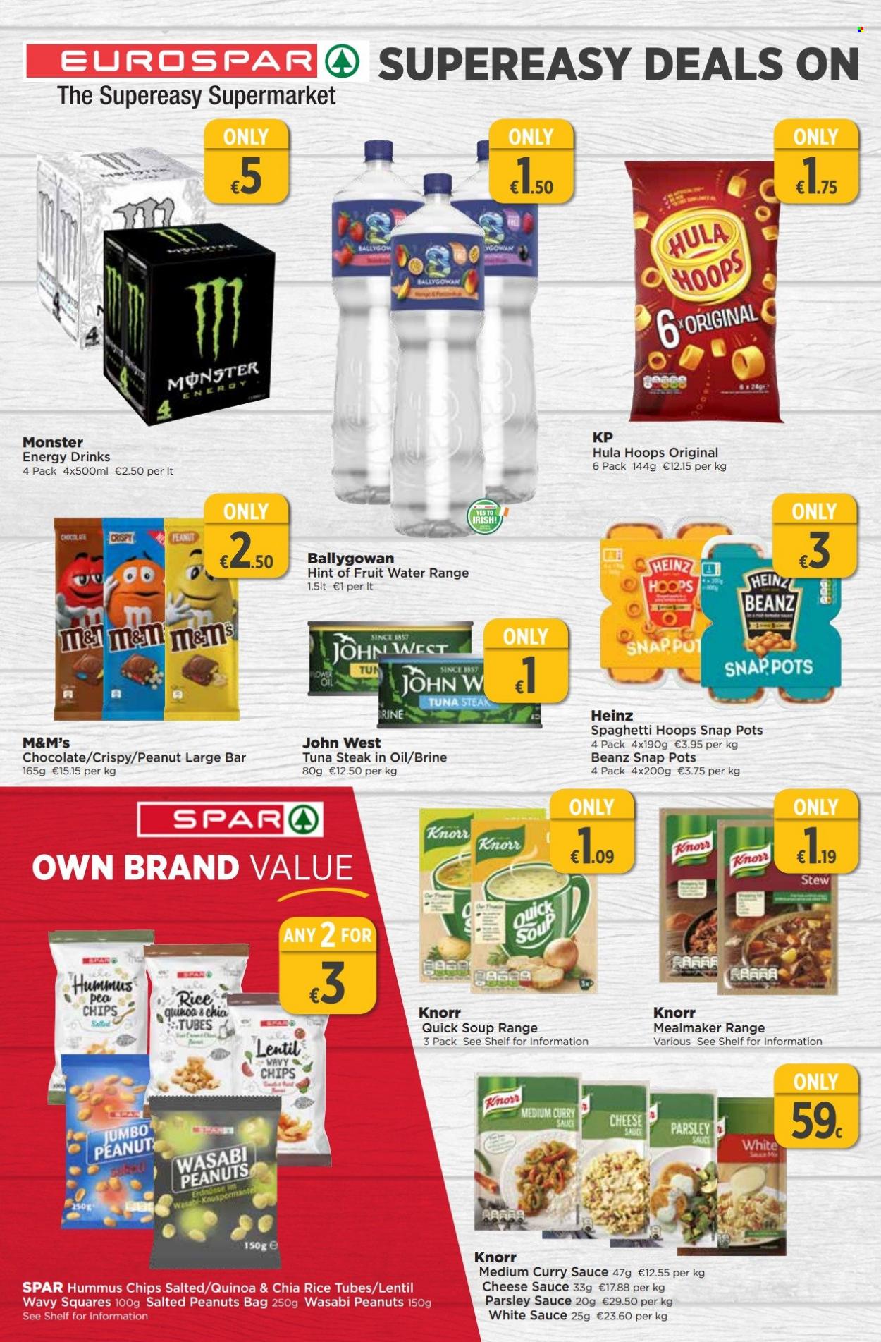 thumbnail - EUROSPAR offer  - 08.09.2022 - 28.09.2022 - Sales products - parsley, tuna, spaghetti, soup, Knorr, sauce, hummus, cheese, chocolate, M&M's, chips, Hula Hoops, tuna steak, Heinz, quinoa, wasabi, curry sauce, peanuts, energy drink, Monster, Ballygowan, Monster Energy, steak. Page 10.