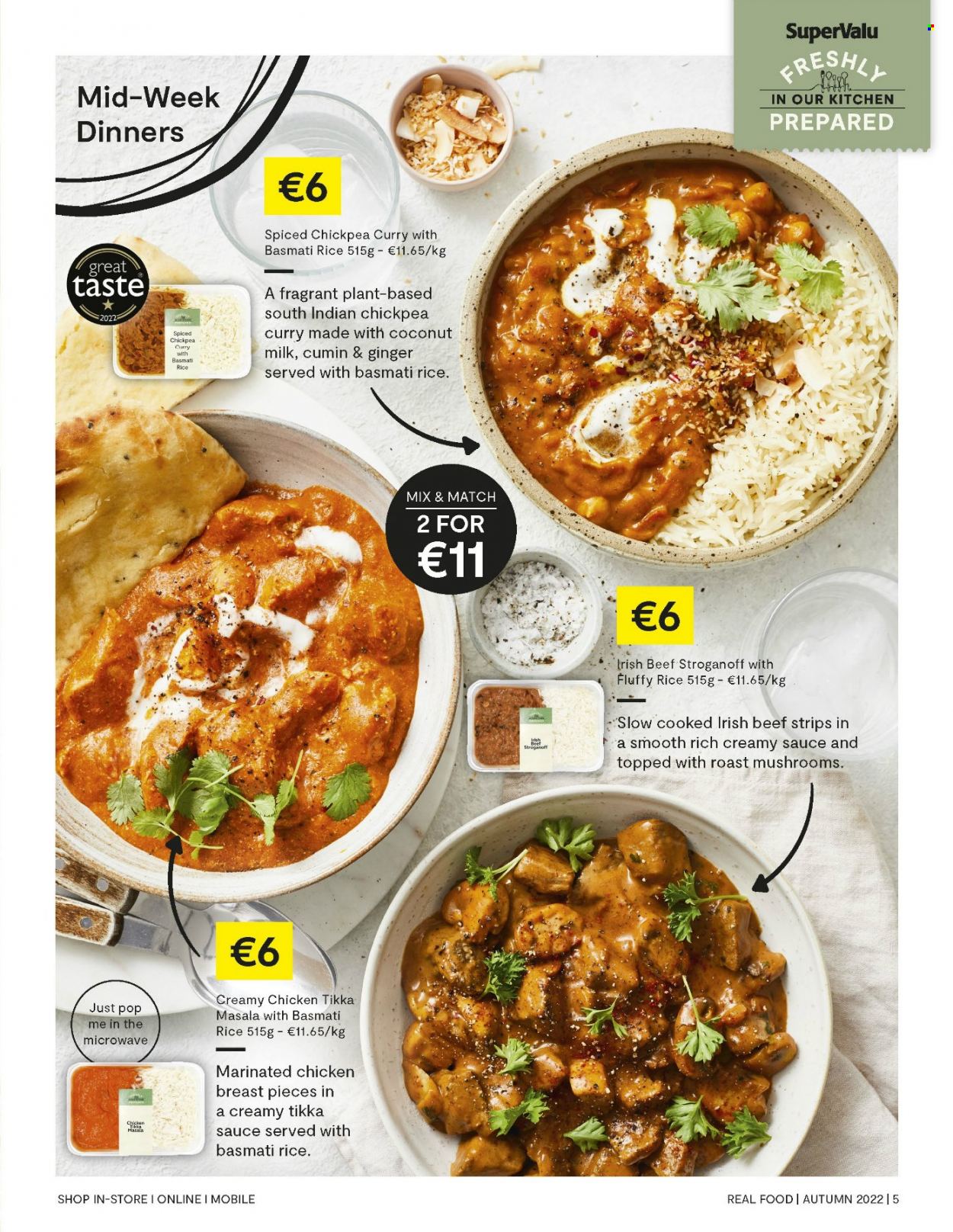 thumbnail - SuperValu offer  - 01.09.2022 - 30.09.2022 - Sales products - mushrooms, Tikka Masala, strips, coconut milk, rice, marinated chicken. Page 5.