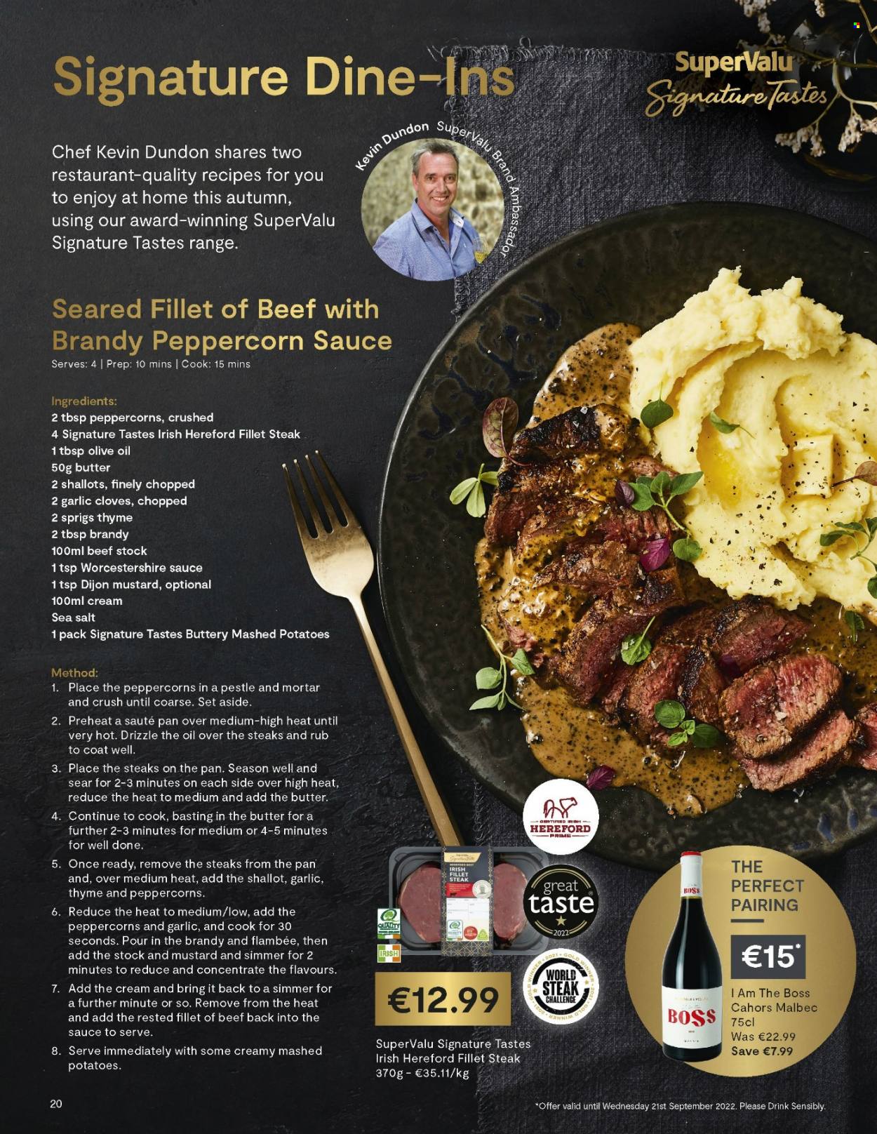 thumbnail - SuperValu offer  - 01.09.2022 - 30.09.2022 - Sales products - garlic, shallots, mashed potatoes, butter, sea salt, cloves, mustard, worcestershire sauce, oil, brandy, steak. Page 20.