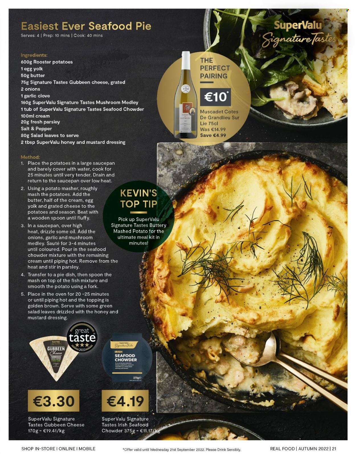 thumbnail - SuperValu offer  - 01.09.2022 - 30.09.2022 - Sales products - garlic, parsley, seafood, fish, grated cheese, eggs, butter, topping, cloves, mustard, dressing, oil, honey. Page 21.