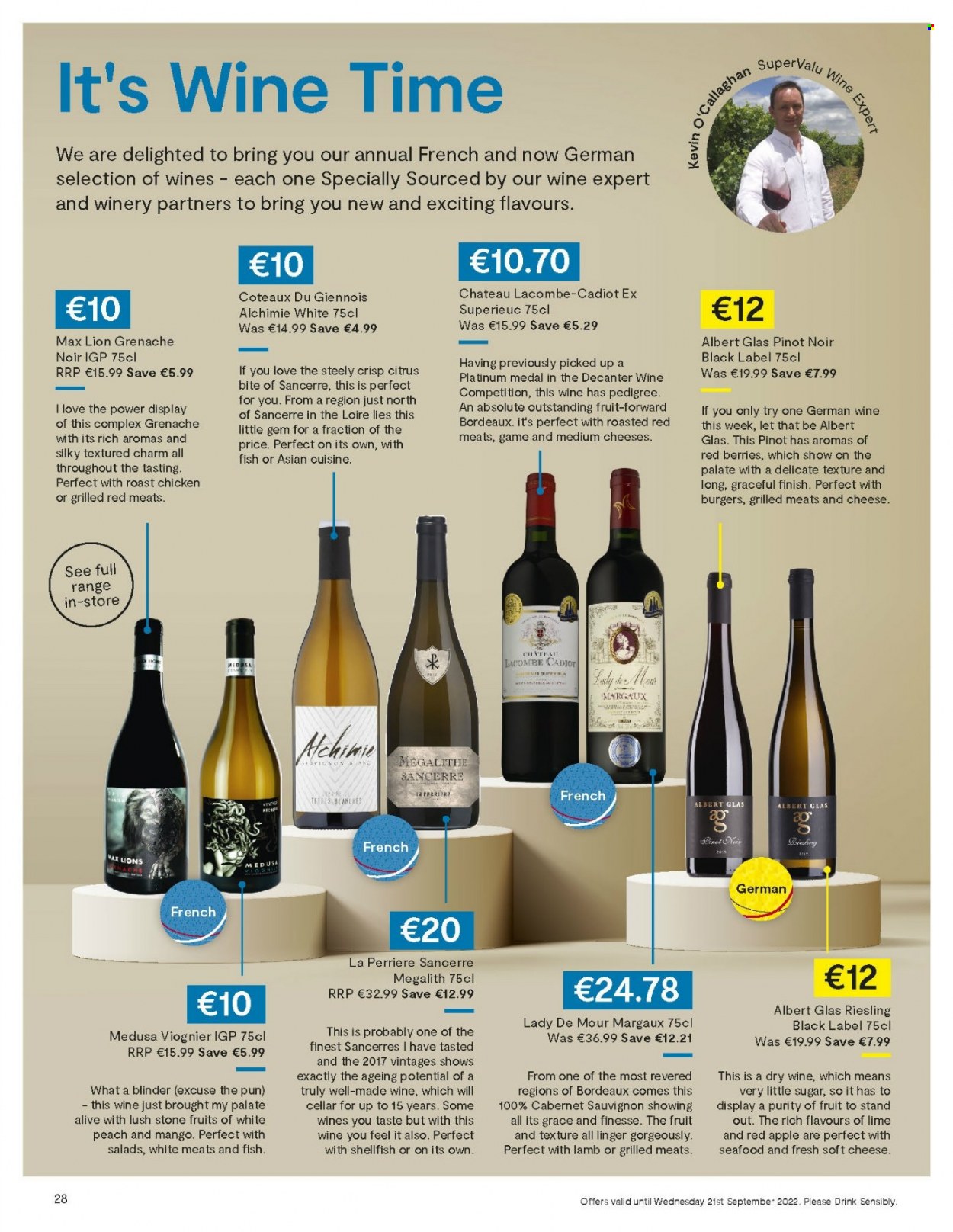thumbnail - SuperValu offer  - 01.09.2022 - 30.09.2022 - Sales products - seafood, chicken roast, hamburger, soft cheese, sugar, Cabernet Sauvignon, red wine, Riesling, white wine, Pinot Noir, TRULY, Purity, Absolute, Pedigree. Page 28.