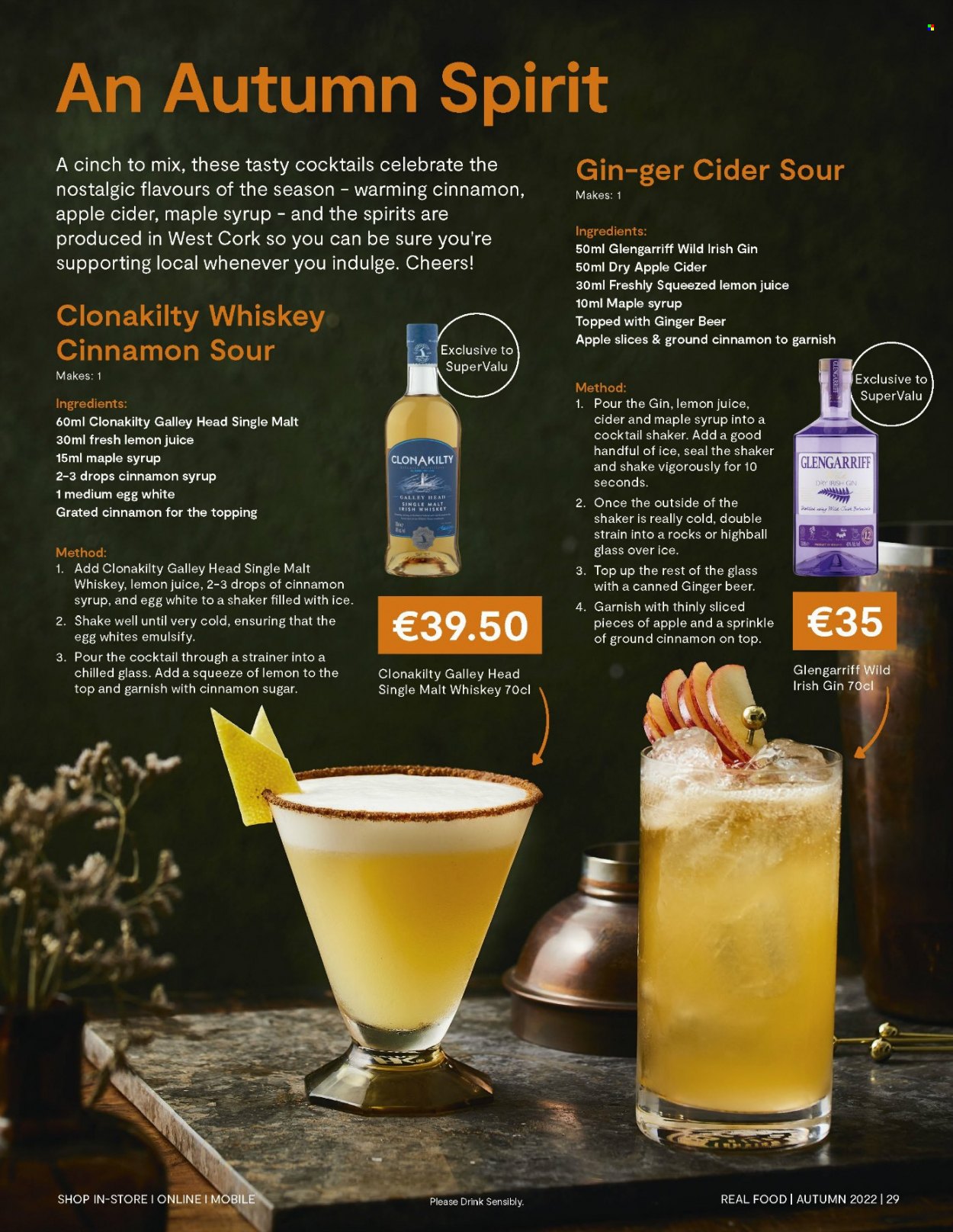thumbnail - SuperValu offer  - 01.09.2022 - 30.09.2022 - Sales products - eggs, sugar, topping, maple syrup, syrup, lemon juice, apple cider, gin, whiskey, irish whiskey, whisky, cider, beer, Sure, ginger beer. Page 29.