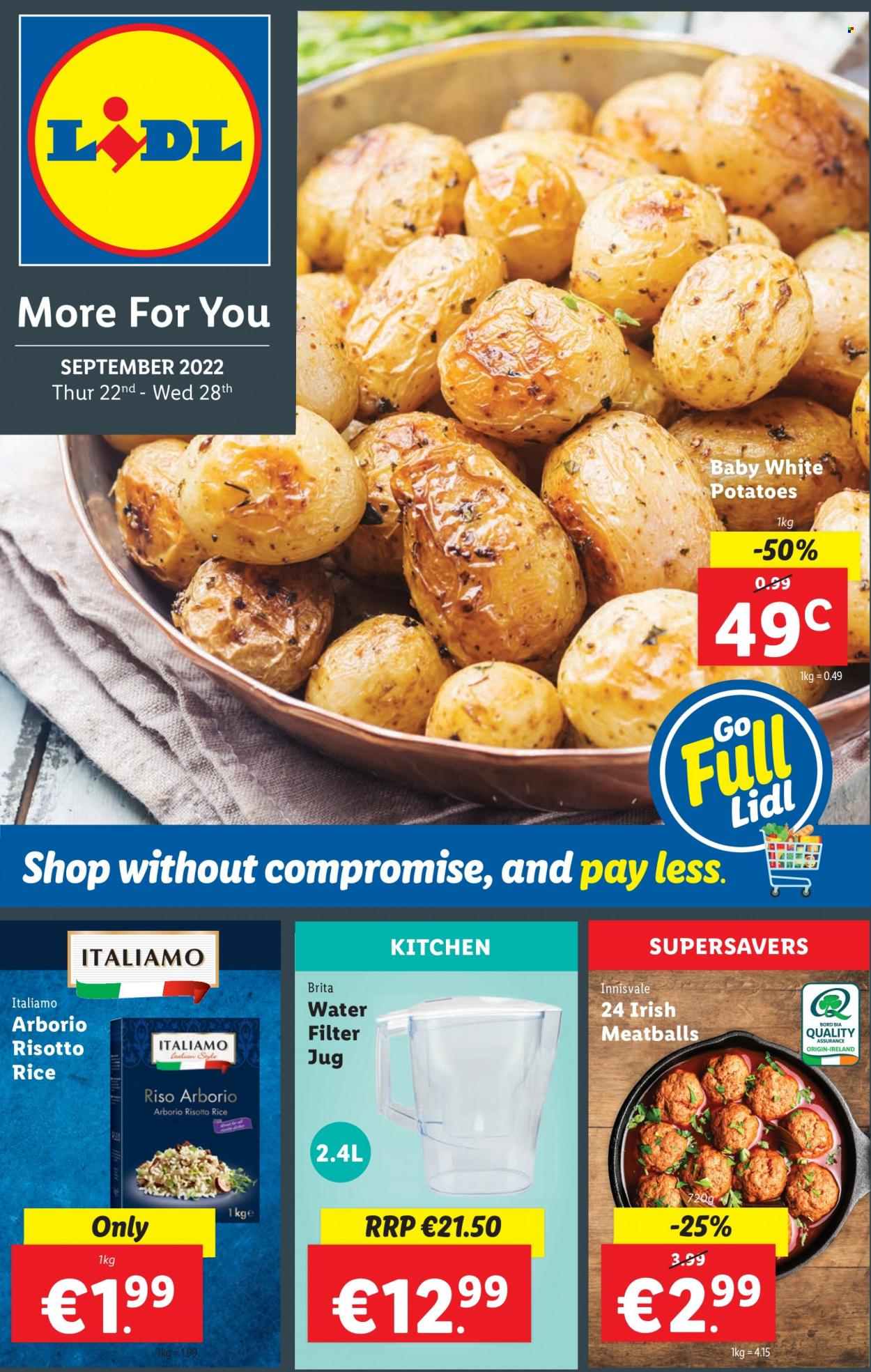 Lidl offer  - 22.09.2022 - 28.09.2022 - Sales products - potatoes, meatballs, rice, water filter. Page 1.