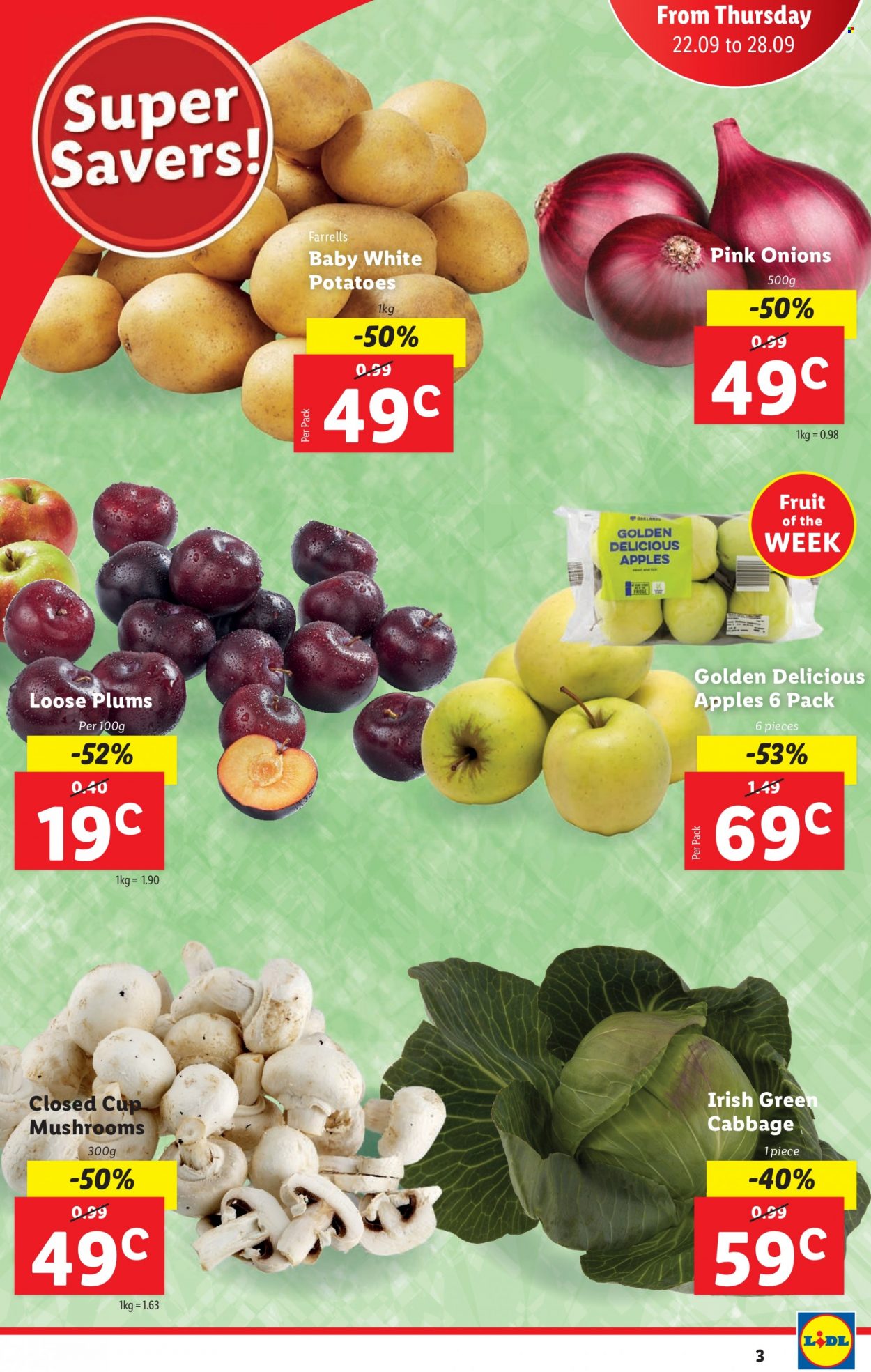 Lidl offer  - 22.09.2022 - 28.09.2022 - Sales products - cabbage, potatoes, onion, plums, Golden Delicious apple, refrigerator, fridge. Page 3.