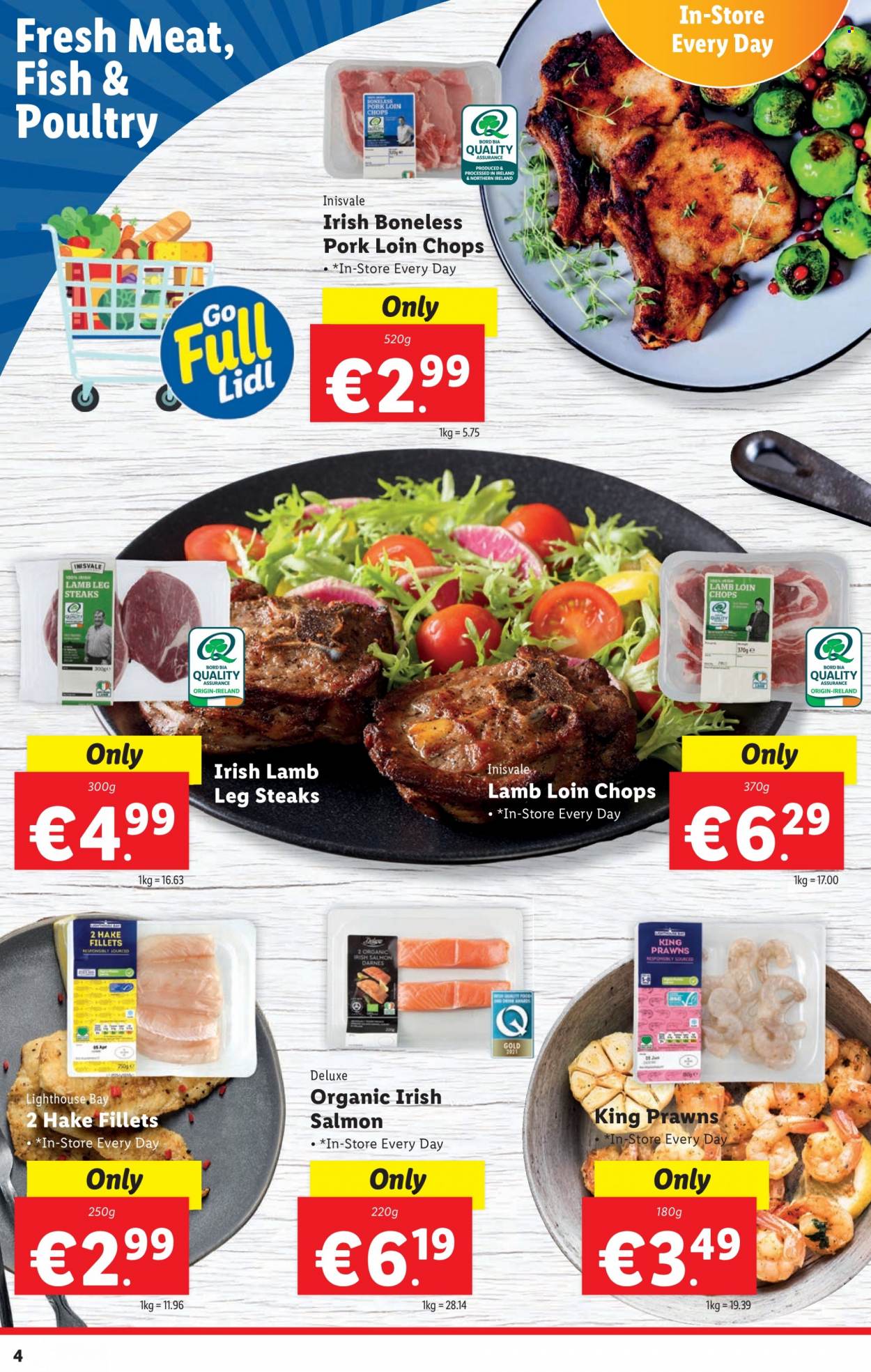 Lidl offer  - 22.09.2022 - 28.09.2022 - Sales products - salmon, hake, prawns, fish, steak, pork chops, pork loin, pork meat, lamb loin, lamb meat, lamb leg. Page 4.