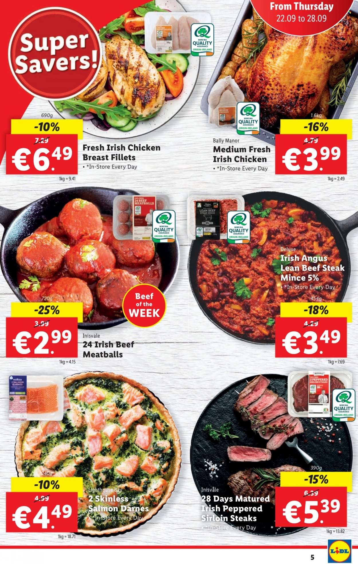 Lidl offer  - 22.09.2022 - 28.09.2022 - Sales products - salmon, meatballs, chicken breasts, chicken meat, beef meat, beef steak, steak, sirloin steak. Page 5.