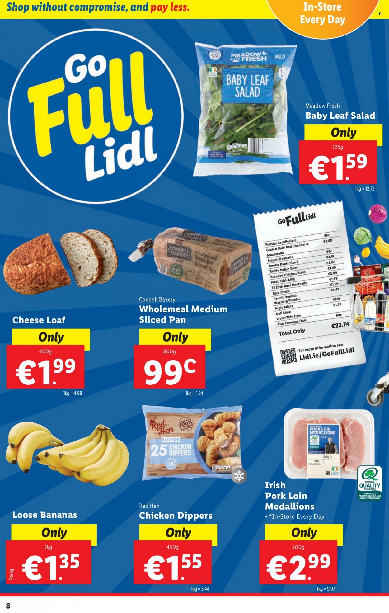 thumbnail - Lidl offer  - 22.09.2022 - 28.09.2022 - Sales products - baguette, bananas, meatballs, fried chicken, ham, cheddar, milk, chicken dippers, Chicken Kiev, wafers, rice, juice, beer, pork loin, pork meat, pants, laundry powder, polish, pan. Page 8.