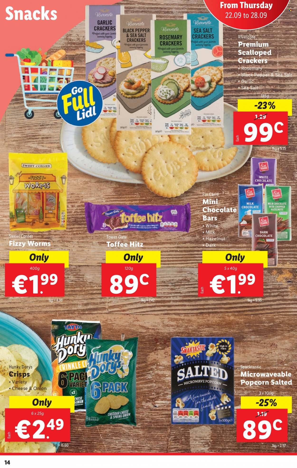 thumbnail - Lidl offer  - 22.09.2022 - 28.09.2022 - Sales products - garlic, green onion, cheddar, milk chocolate, white chocolate, snack, toffee, crackers, biscuit, dark chocolate, chocolate bar, Tayto, popcorn, topping, rosemary, black pepper, hazelnuts. Page 14.