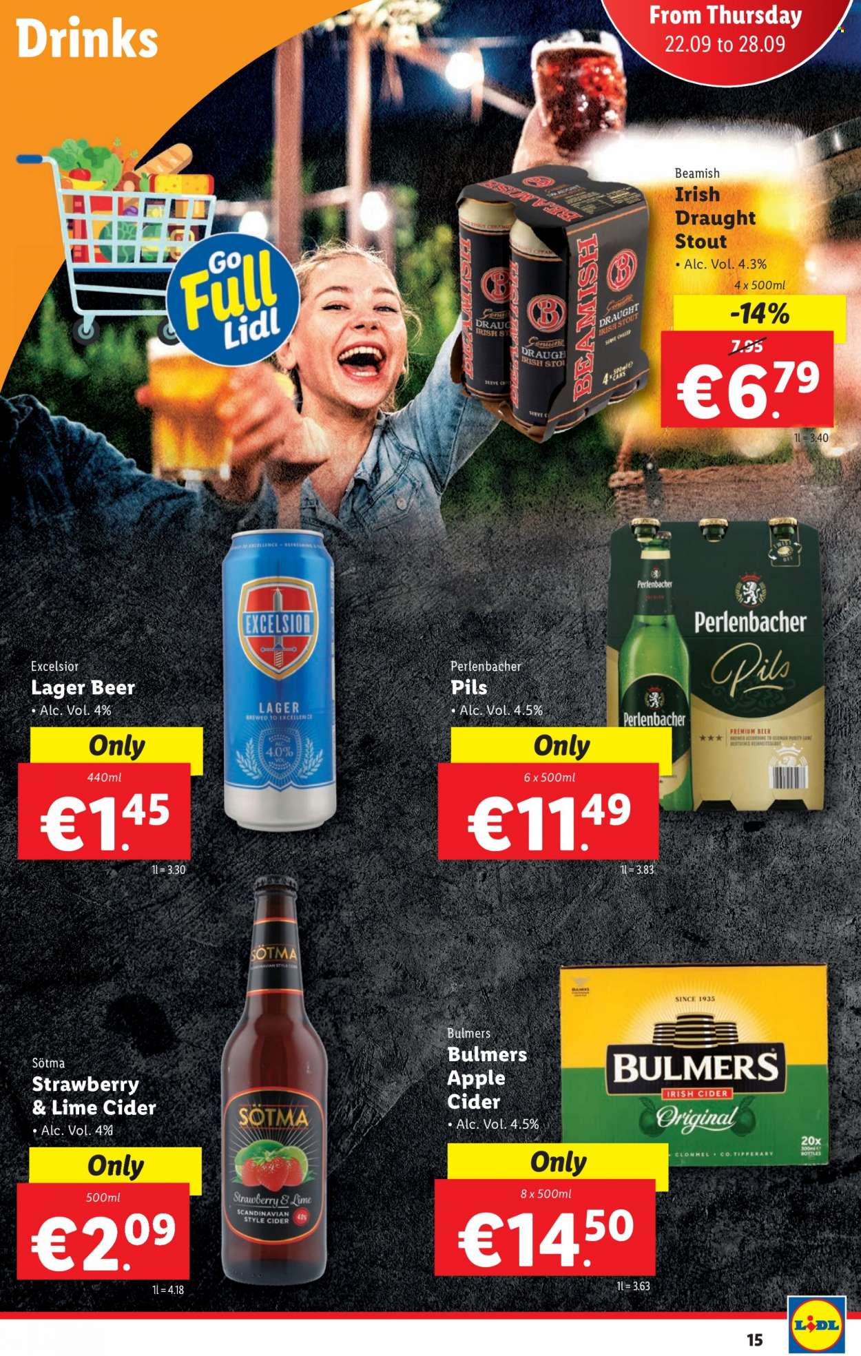 thumbnail - Lidl offer  - 22.09.2022 - 28.09.2022 - Sales products - apple cider, cider, beer, Bulmers, Lager, Purity, Perlenbacher. Page 15.