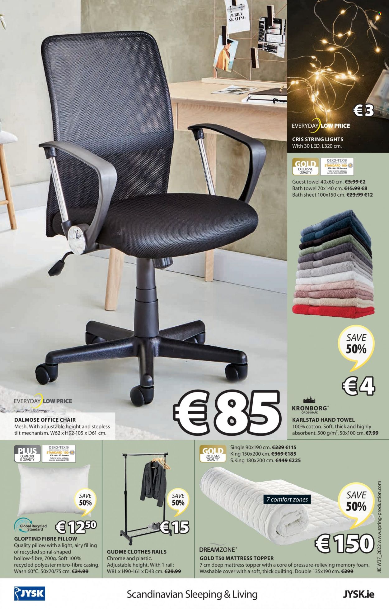 thumbnail - JYSK offer  - 15.09.2022 - 28.09.2022 - Sales products - chair, mattress protector, office chair, topper, pillow, bath towel, towel, hand towel, string lights. Page 16.