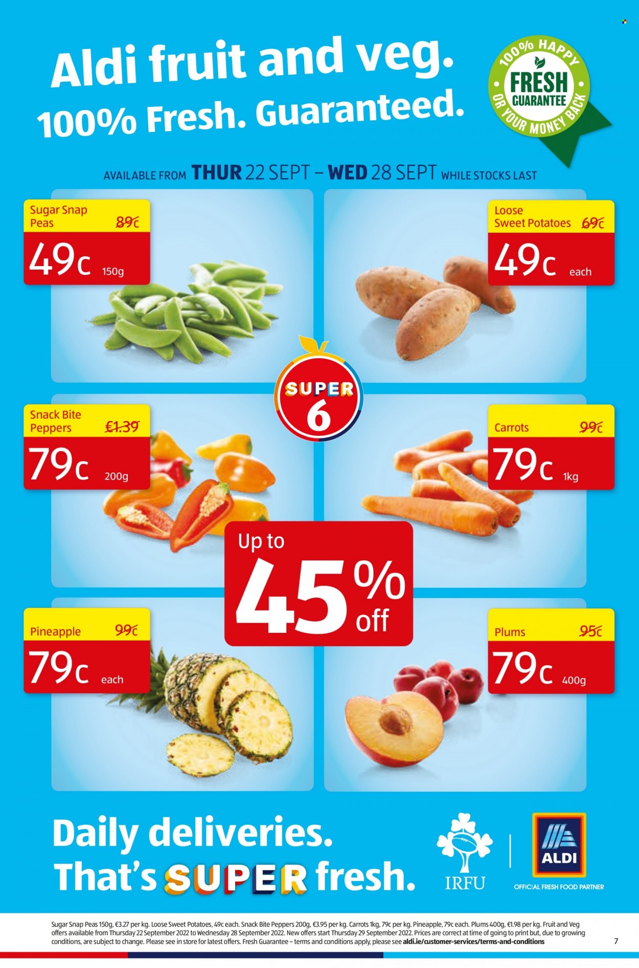 thumbnail - Aldi offer  - 22.09.2022 - 28.09.2022 - Sales products - carrots, sweet potato, potatoes, peas, peppers, pineapple, plums, snap peas, snack. Page 7.