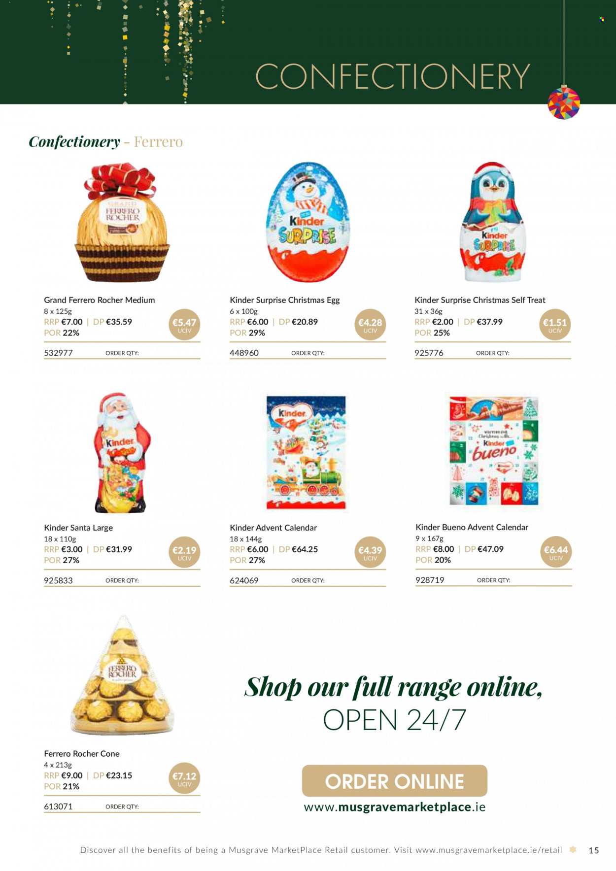 thumbnail - MUSGRAVE Market Place offer  - Sales products - advent calendar, eggs, Ferrero Rocher, Kinder Surprise, Kinder Bueno, Santa, calendar. Page 15.