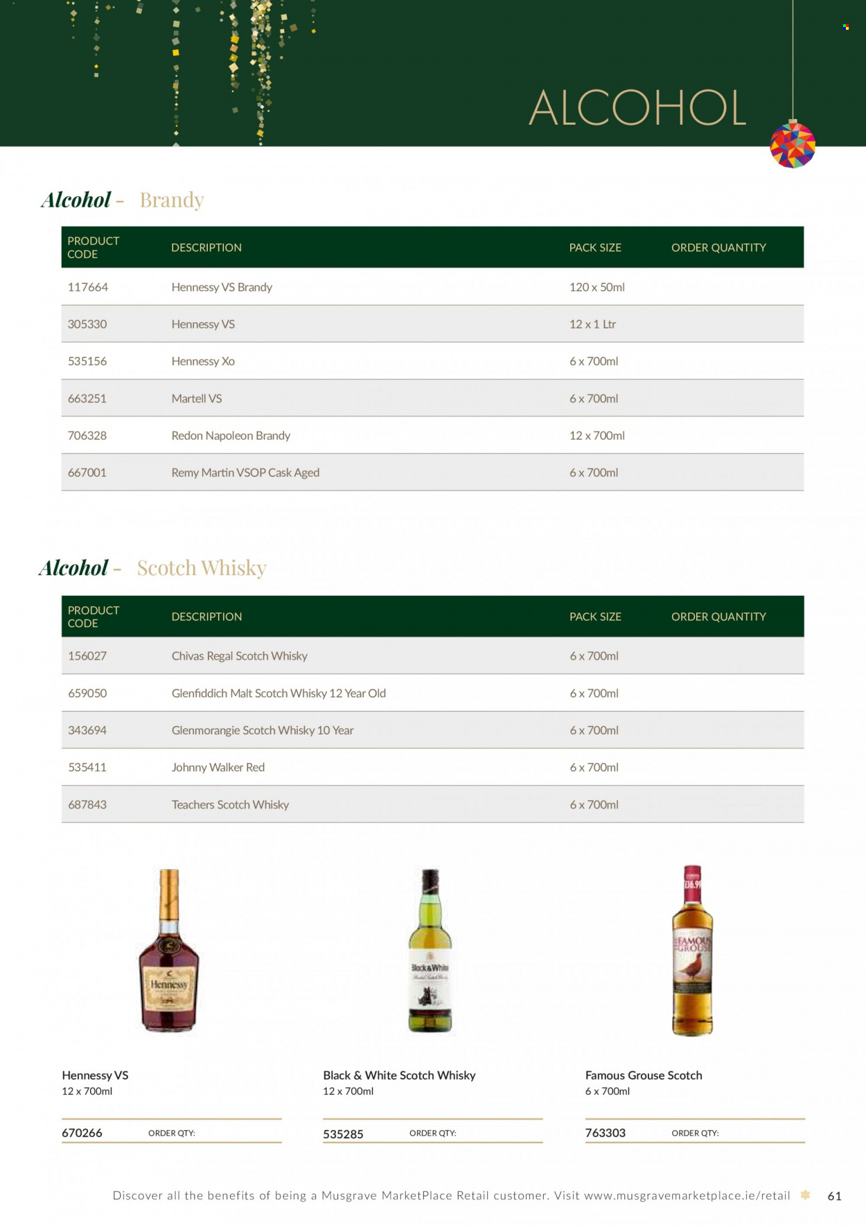 thumbnail - MUSGRAVE Market Place offer  - Sales products - malt, alcohol, brandy, Hennessy, Johnnie Walker, Chivas Regal, Rémy Martin, Glenfiddich, scotch whisky, whisky. Page 61.