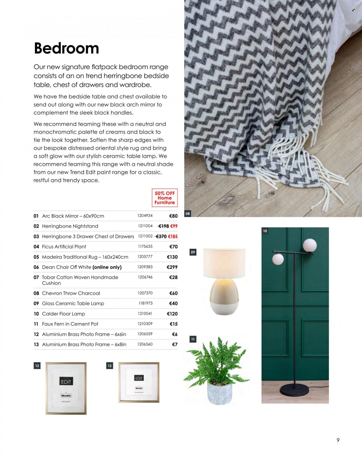 thumbnail - Woodie's offer  - Sales products - chair, chest of drawers, wardrobe, bedside table, nightstand, cushion, mirror, artificial plant, pot, Sharp, photo frame, paint, lamp, table lamp, floor lamp, rug. Page 9.