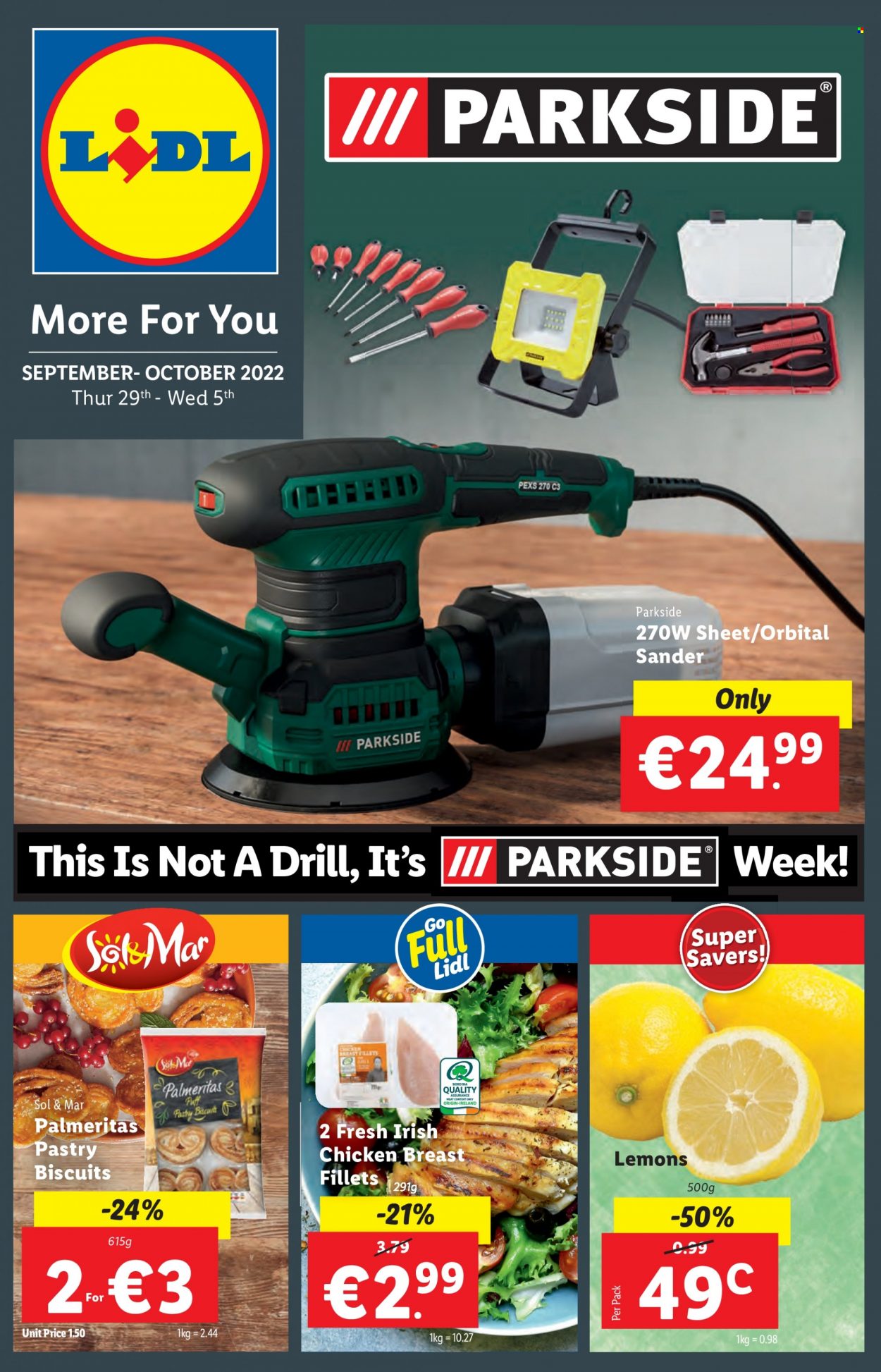 thumbnail - Lidl offer  - 29.09.2022 - 05.10.2022 - Sales products - lemons, biscuit, chicken breasts, Parkside. Page 1.