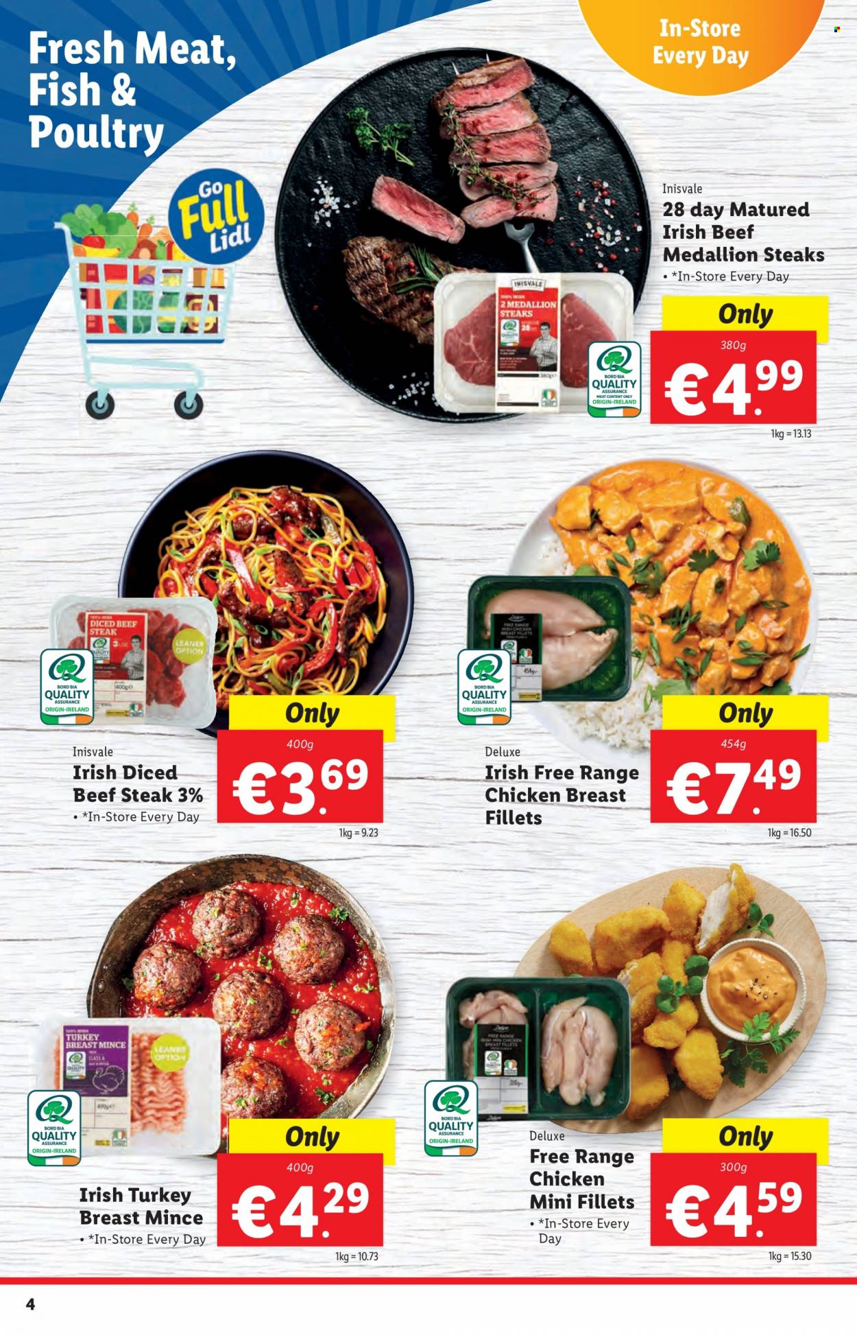 thumbnail - Lidl offer  - 29.09.2022 - 05.10.2022 - Sales products - fish, turkey breast, chicken breasts, beef meat, beef steak, steak, diced beef. Page 4.