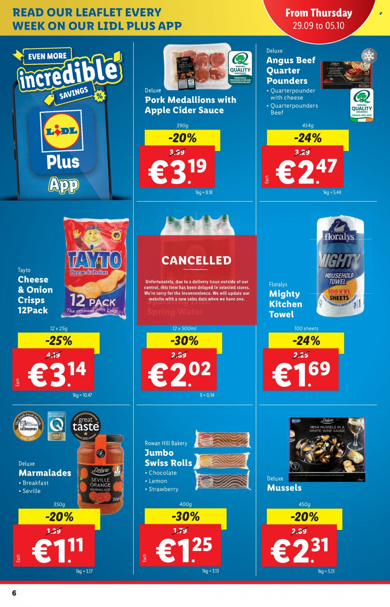 thumbnail - Lidl offer  - 29.09.2022 - 05.10.2022 - Sales products - oranges, mussels, sauce, chocolate, Tayto, spring water, white wine, apple cider, cider, beef meat, pork meat, pork tenderloin, kitchen towels. Page 6.