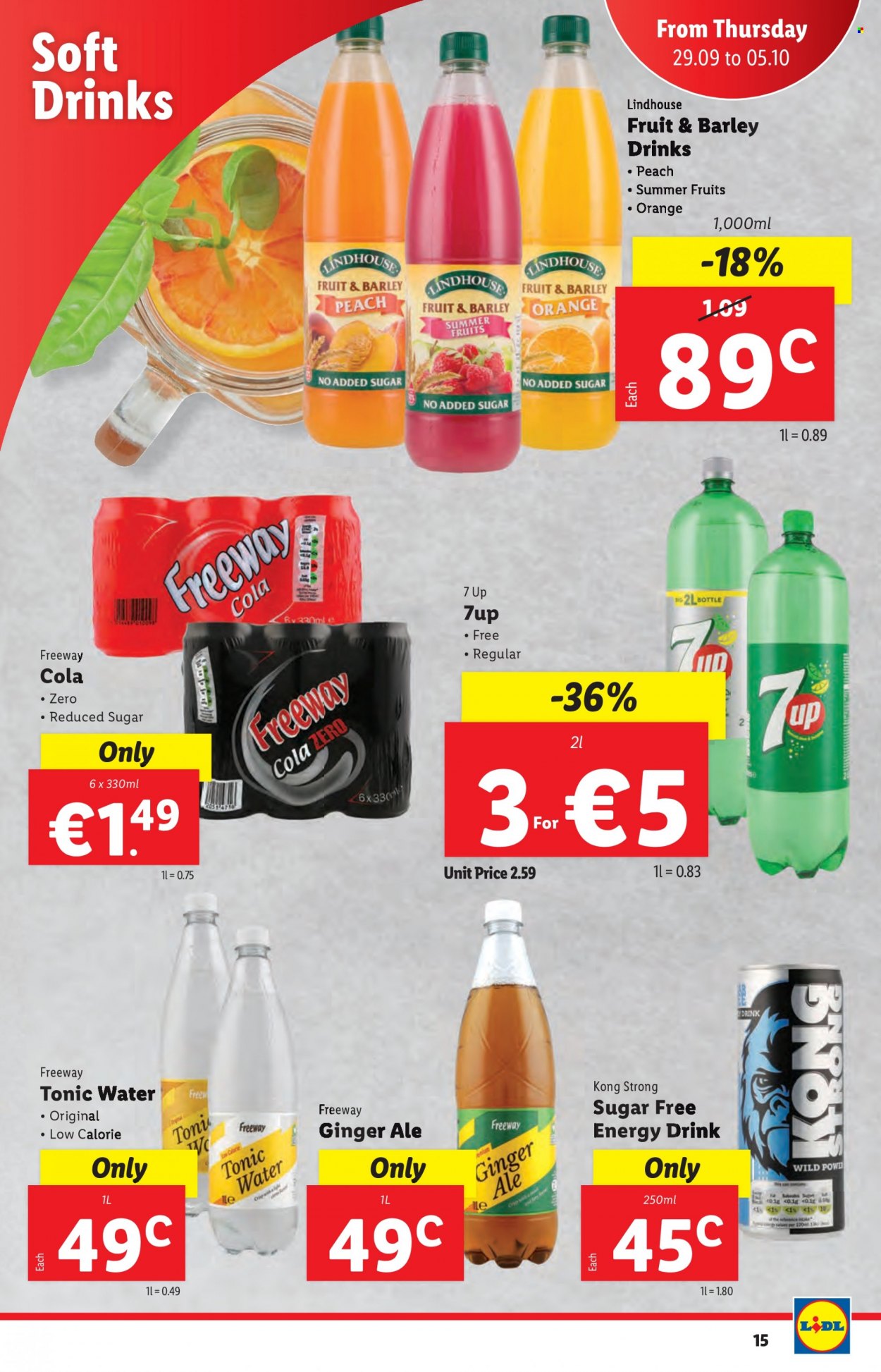 thumbnail - Lidl offer  - 29.09.2022 - 05.10.2022 - Sales products - oranges, ginger ale, energy drink, tonic, soft drink, Coca-Cola zero, 7UP. Page 15.