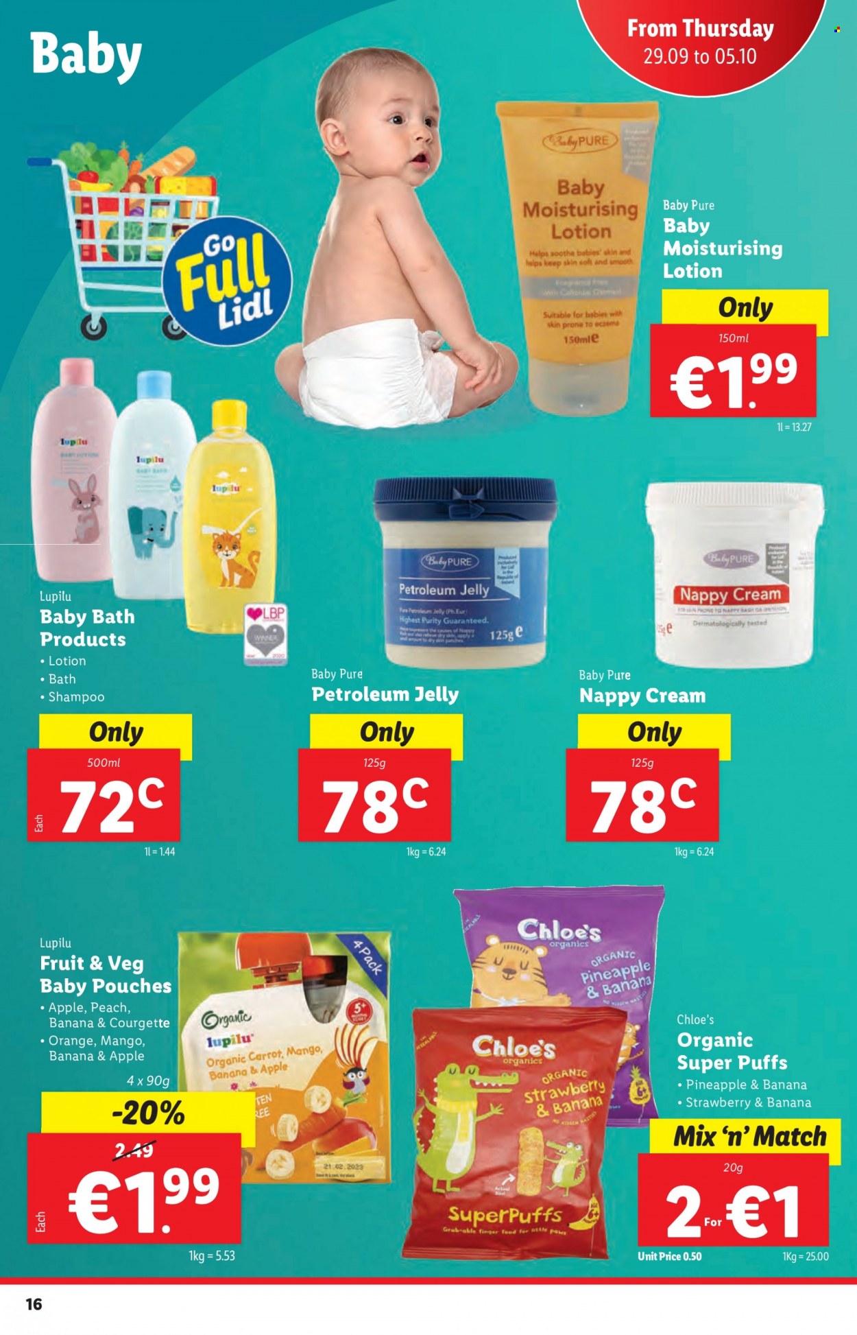 thumbnail - Lidl offer  - 29.09.2022 - 05.10.2022 - Sales products - puffs, Lupilu, Purity, nappies, baby bath, petroleum jelly, shampoo, body lotion, Chloé. Page 16.