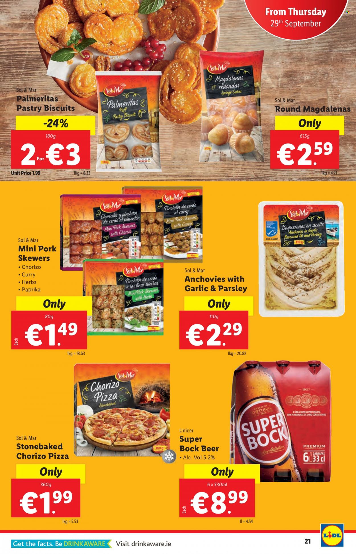 thumbnail - Lidl offer  - 29.09.2022 - 05.10.2022 - Sales products - cake, parsley, pizza, chorizo, biscuit, anchovies, beer. Page 21.