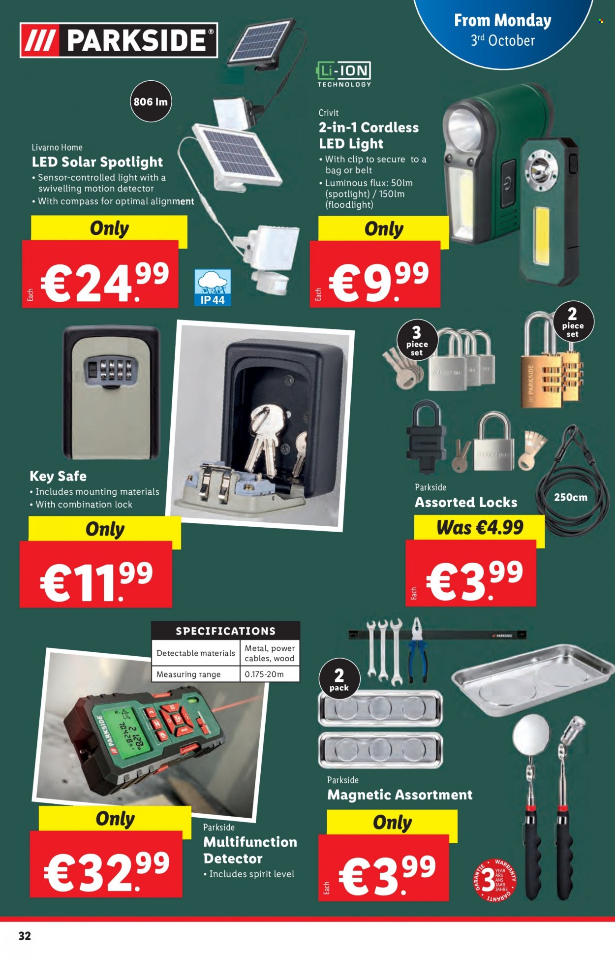 thumbnail - Lidl offer  - 29.09.2022 - 05.10.2022 - Sales products - Crivit, bag, spotlight, belt, Parkside, LED light, floodlight. Page 32.