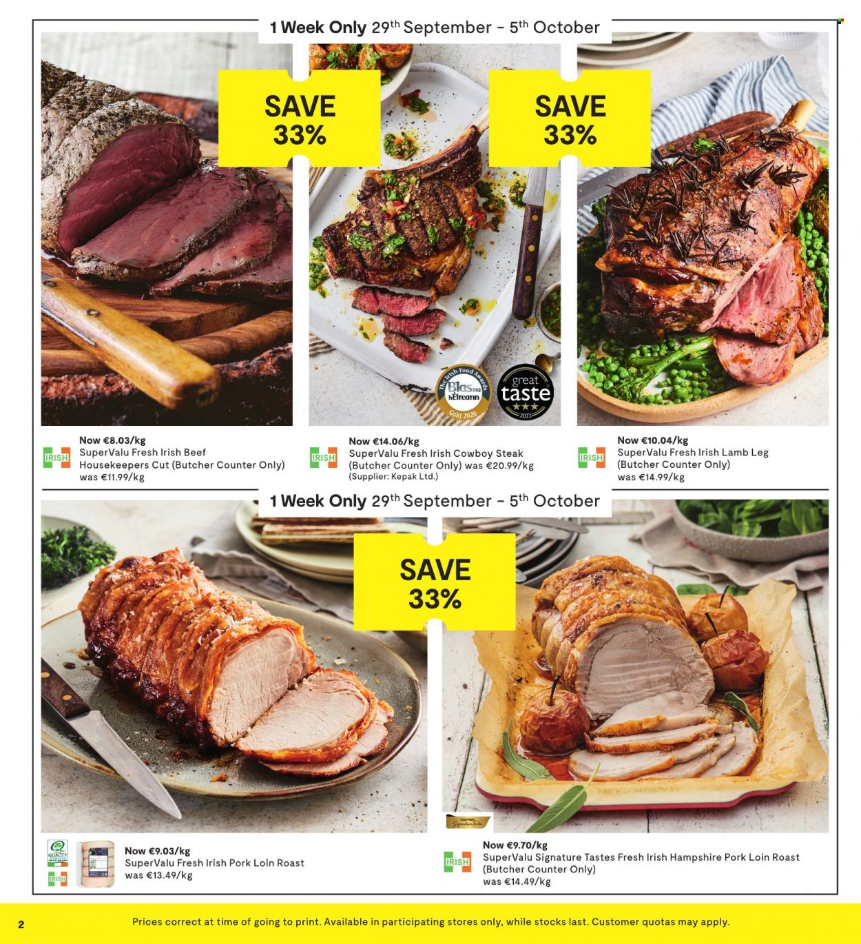 thumbnail - SuperValu offer  - 22.09.2022 - 05.10.2022 - Sales products - steak, pork loin, pork meat, lamb meat, lamb leg. Page 2.