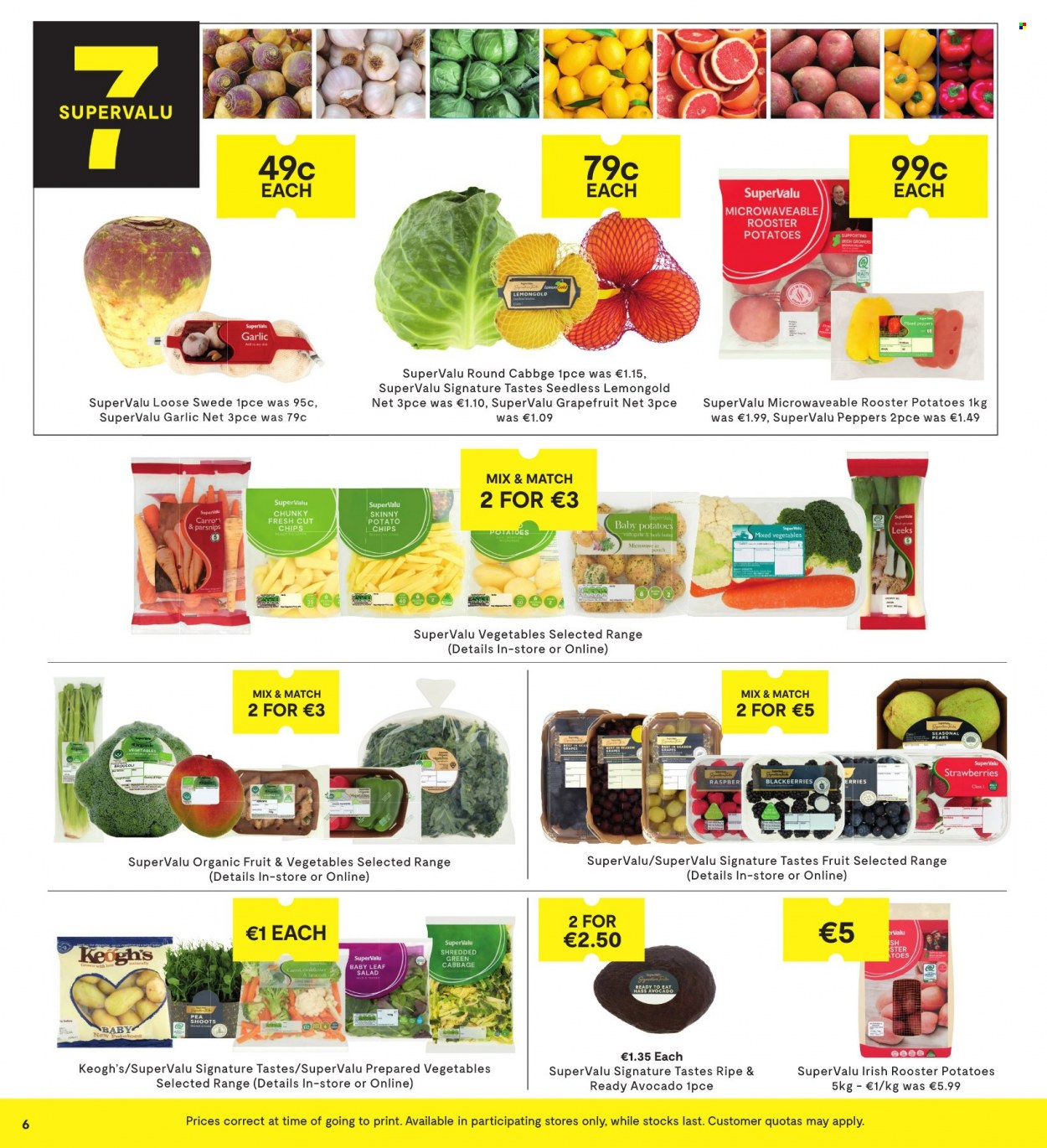 thumbnail - SuperValu offer  - 22.09.2022 - 05.10.2022 - Sales products - cabbage, garlic, potatoes, parsnips, salad, peppers, avocado, blackberries, grapefruits, strawberries, pears, mixed vegetables. Page 6.