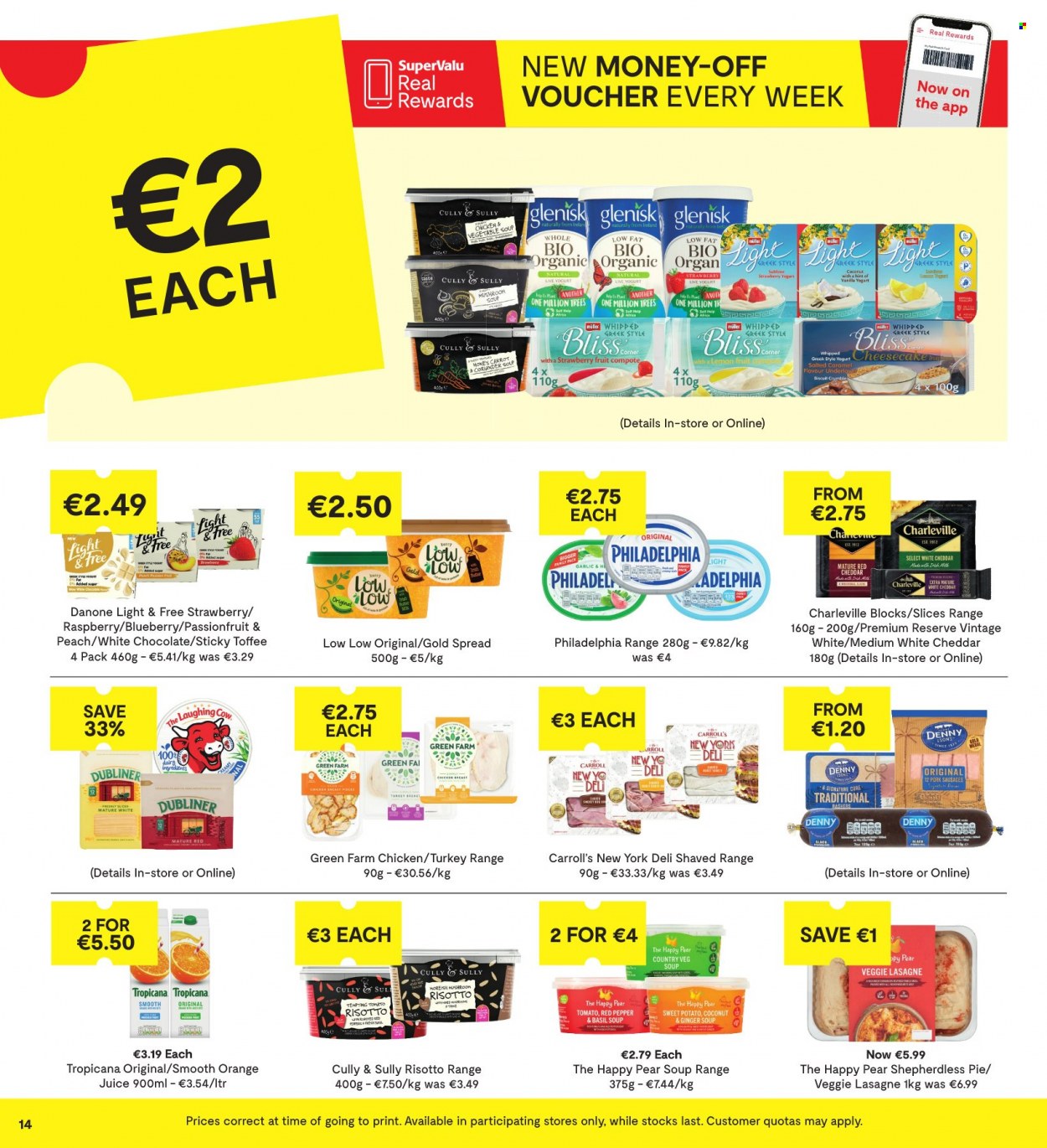 thumbnail - SuperValu offer  - 22.09.2022 - 05.10.2022 - Sales products - cheesecake, sweet potato, pears, risotto, vegetable soup, soup, sausage, Philadelphia, cheddar, cheese, The Laughing Cow, yoghurt, Danone, Müller, probiotic yoghurt, white chocolate, chocolate, toffee, biscuit, compote, coriander, caramel, honey, orange juice, juice. Page 14.