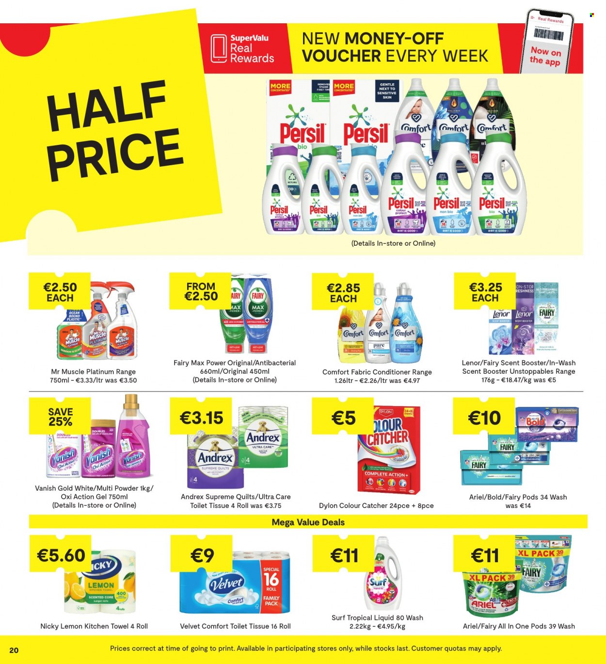 thumbnail - SuperValu offer  - 22.09.2022 - 05.10.2022 - Sales products - Manuka Honey, toilet paper, kitchen towels, Fairy, Vanish, Mr. Muscle, Persil, Ariel, Surf, Lenor, Comfort softener. Page 20.