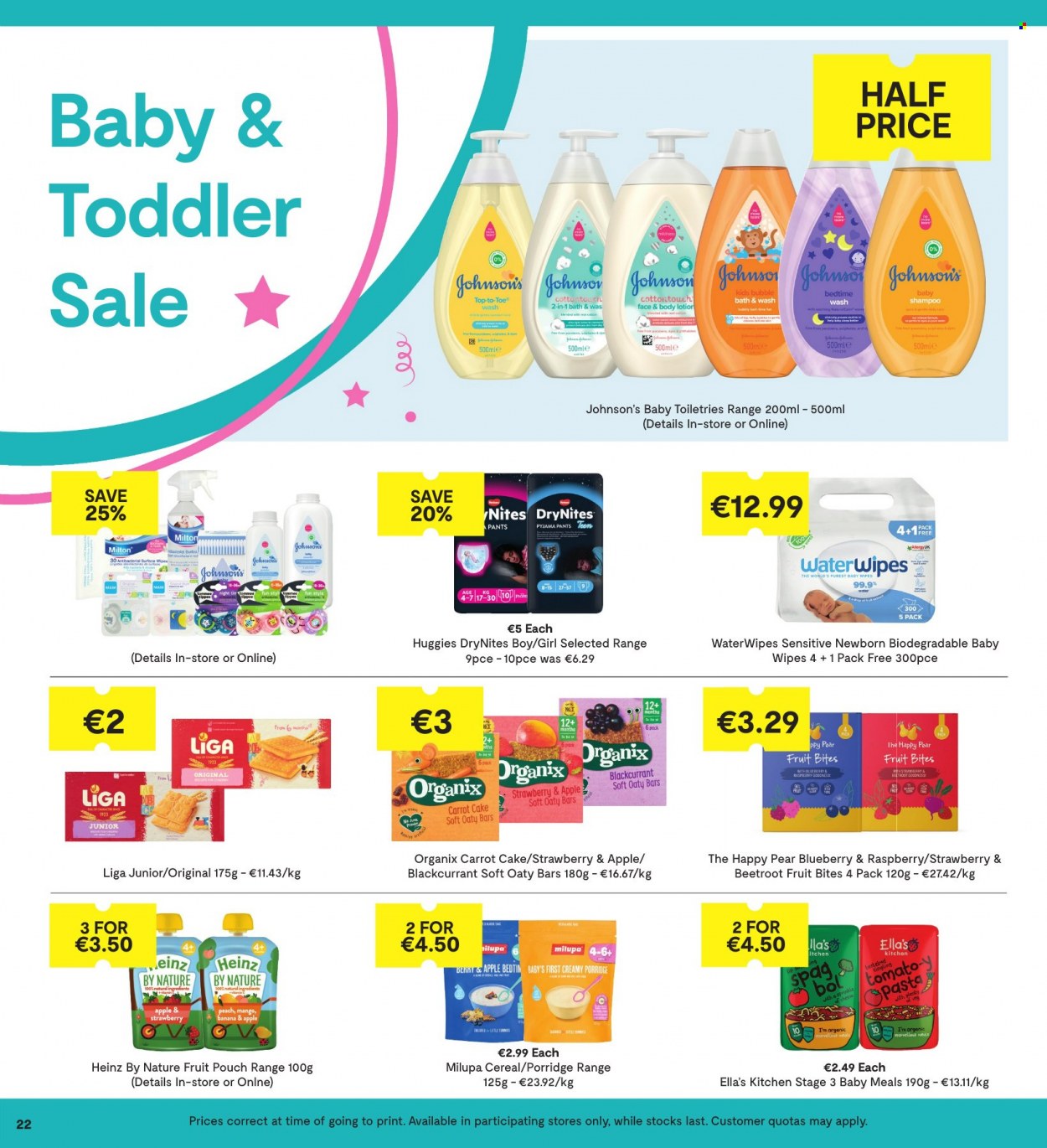 thumbnail - SuperValu offer  - 22.09.2022 - 05.10.2022 - Sales products - cake, pears, pasta, Heinz, cereals, porridge, wipes, Huggies, pants, baby wipes, DryNites, Johnson's, Plenty, bubble bath, shampoo, body lotion. Page 22.