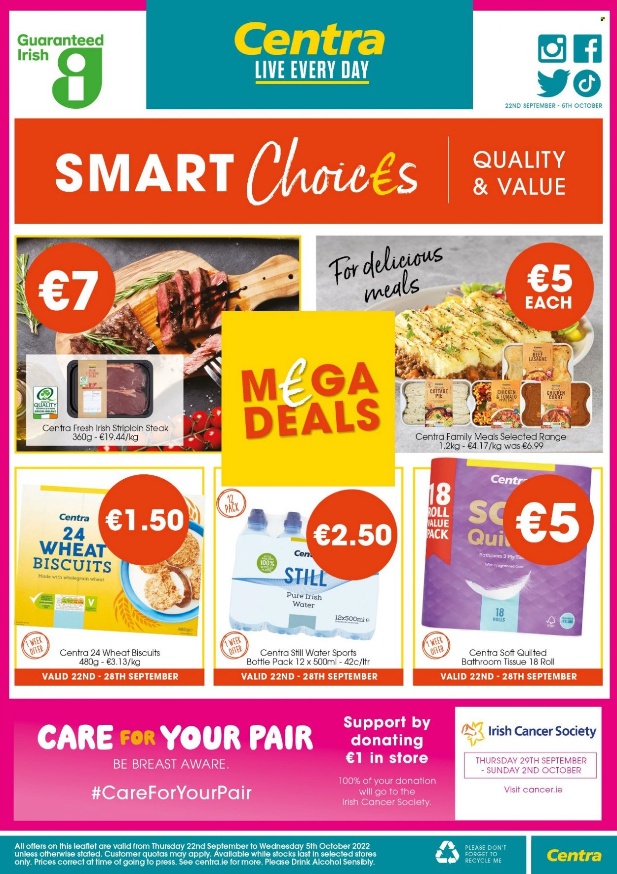 thumbnail - Centra offer  - 22.09.2022 - 05.10.2022 - Sales products - pie, lasagna meal, biscuit, mineral water, bottled water, alcohol, beef meat, steak, striploin steak, bath tissue, travel bottle. Page 1.