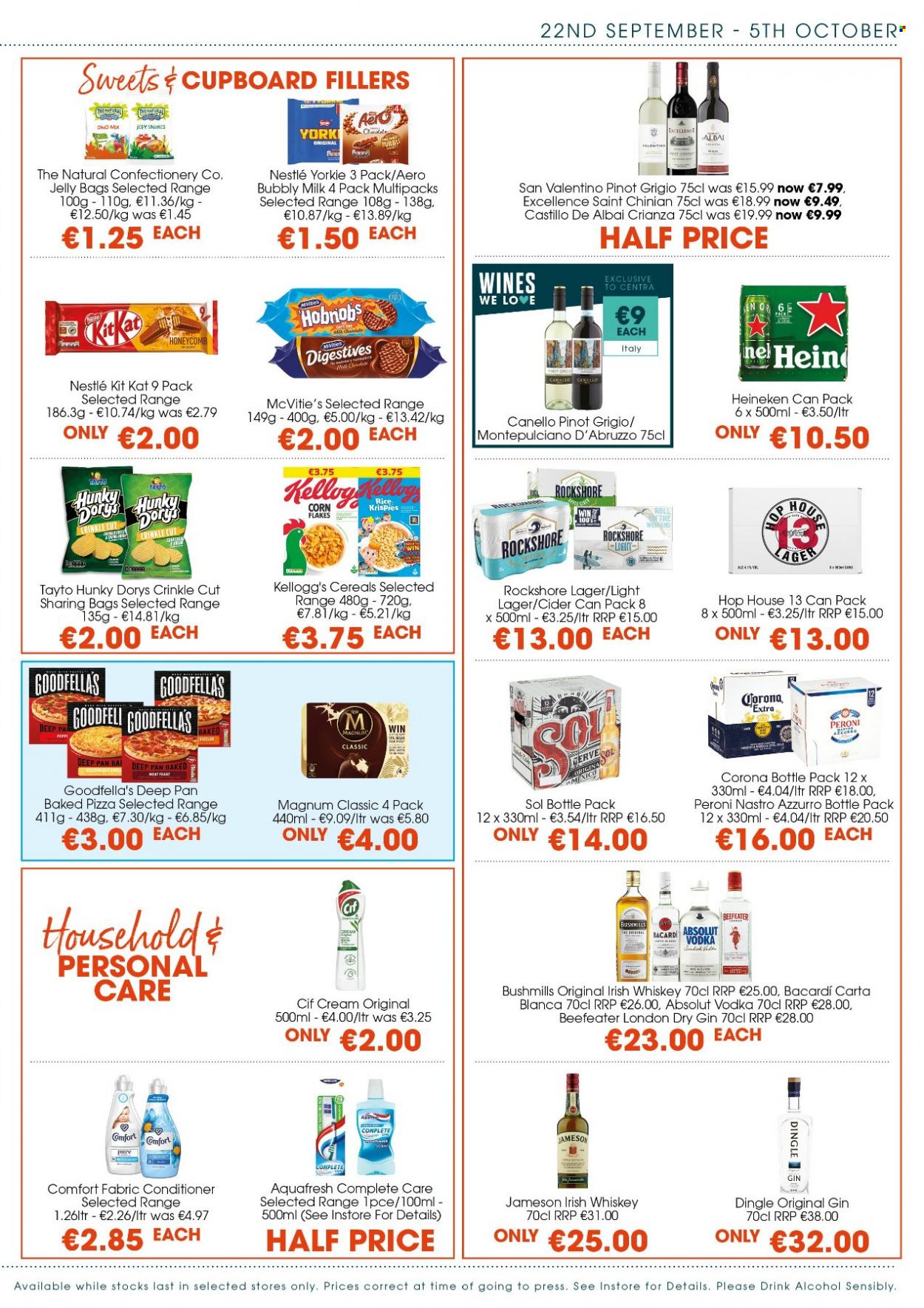 thumbnail - Centra offer  - 22.09.2022 - 05.10.2022 - Sales products - pizza, milk, Magnum, Nestlé, KitKat, jelly, Kellogg's, Tayto, cereals, corn flakes, Rice Krispies, white wine, wine, alcohol, Pinot Grigio, Bacardi, gin, vodka, whiskey, irish whiskey, Jameson, Absolut, Beefeater, whisky, cider, beer, Corona Extra, Heineken, Peroni, Sol, Lager, Rockshore, Cif, Comfort softener, pan. Page 3.