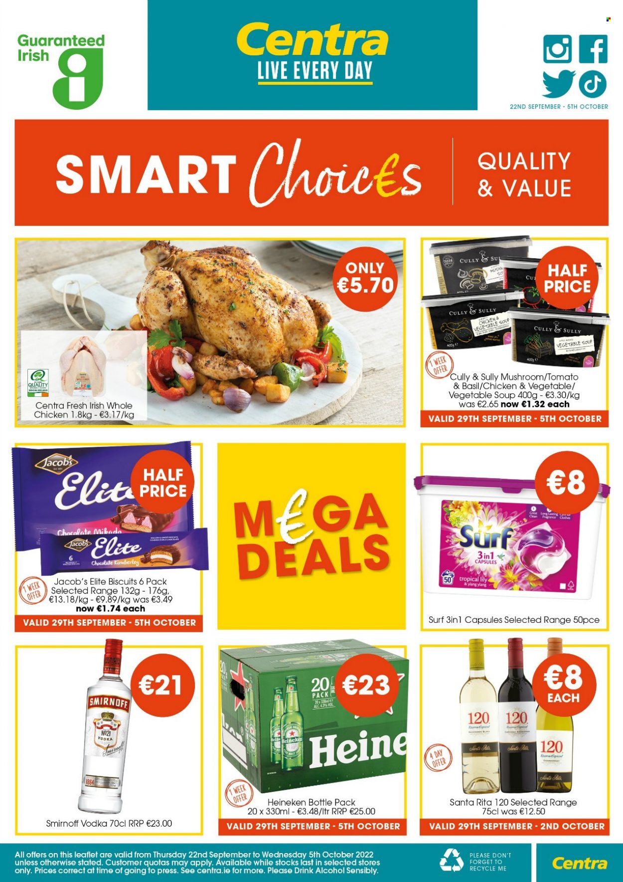 thumbnail - Centra offer  - 22.09.2022 - 05.10.2022 - Sales products - mushrooms, vegetable soup, soup, chocolate, biscuit, Jacobs, white wine, Chardonnay, wine, alcohol, Smirnoff, vodka, beer, Heineken, whole chicken, Surf. Page 4.