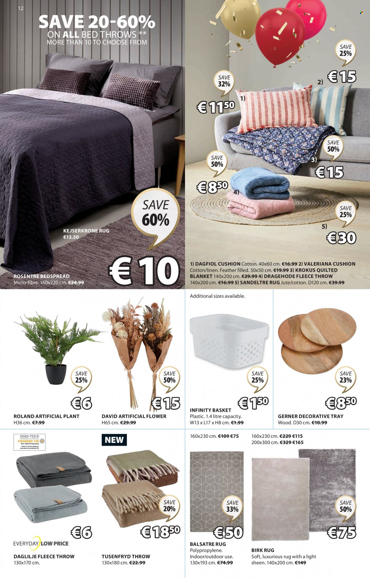 thumbnail - JYSK offer  - 22.09.2022 - 05.10.2022 - Sales products - bed, cushion, artificial flowers, artificial plant, basket, tray, bedspread, blanket, linens, fleece throw, rug. Page 12.