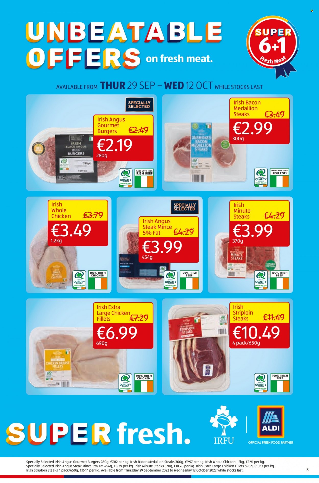 thumbnail - Aldi offer  - 29.09.2022 - 05.10.2022 - Sales products - hamburger, bacon, whole chicken, beef meat, steak, striploin steak. Page 3.